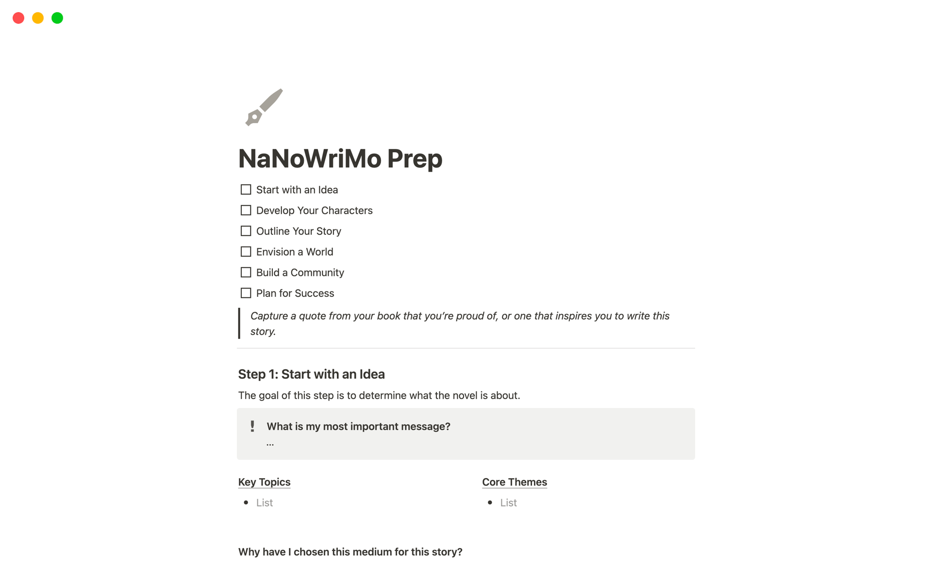 En förhandsgranskning av mallen för NaNoWriMo Prep