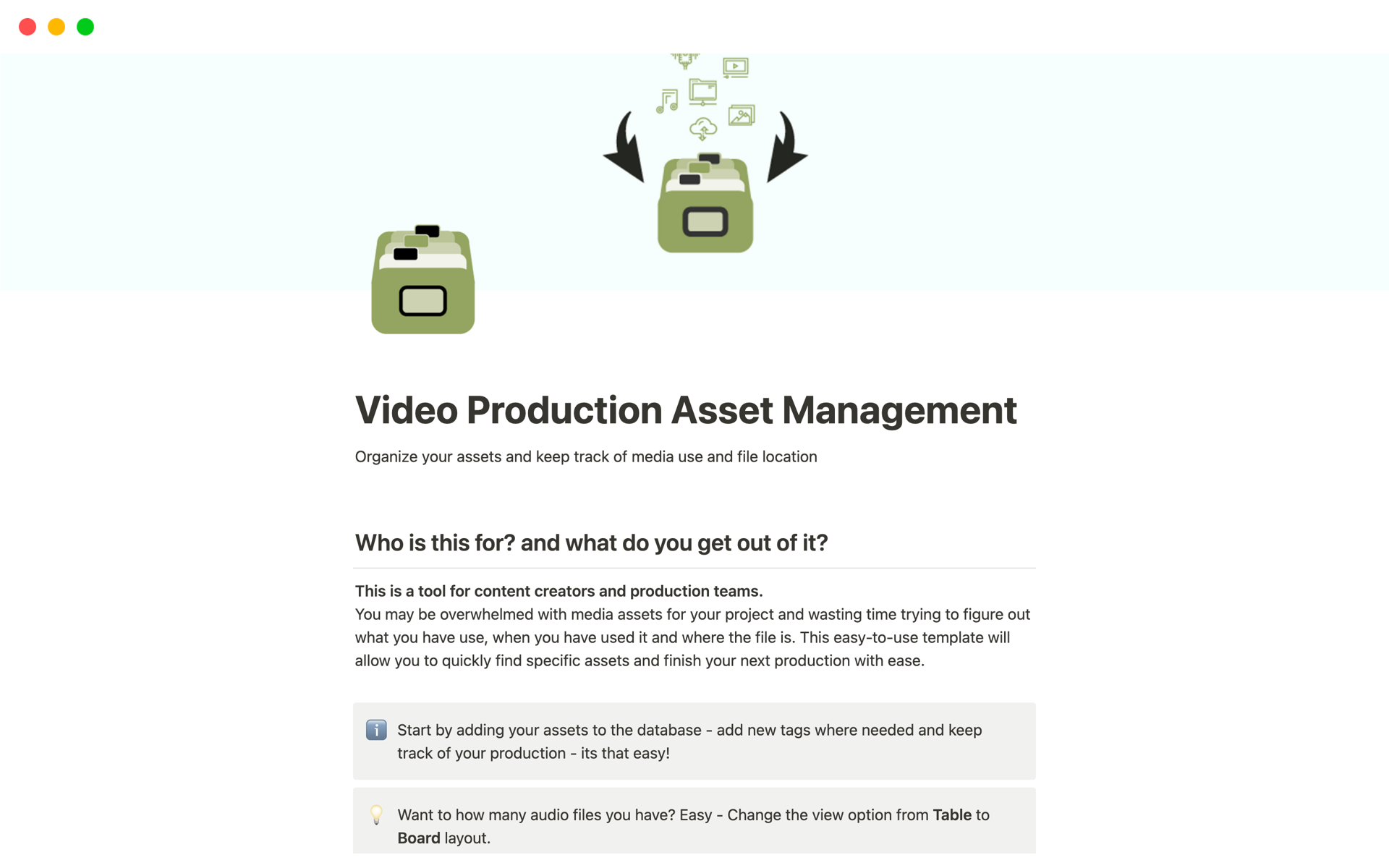 En forhåndsvisning av mal for Video Production Asset Management