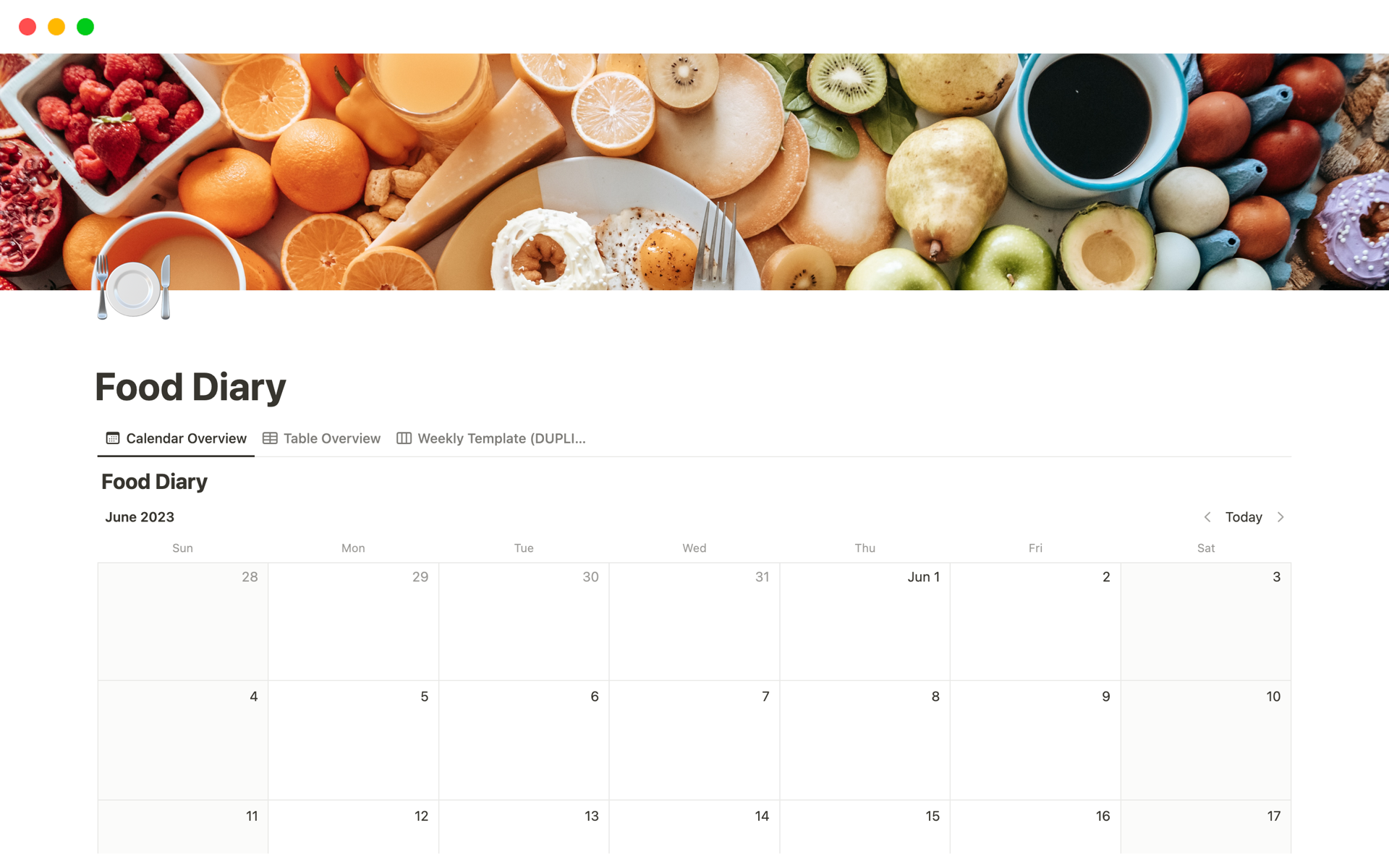 ADHD-friendly food diary template with a weekly view template, a calendar overview, and a table overview. 