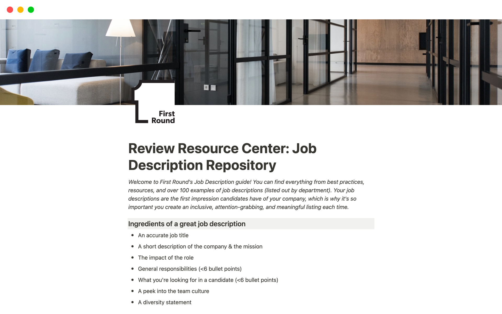 Vista previa de plantilla para Job Description Repository