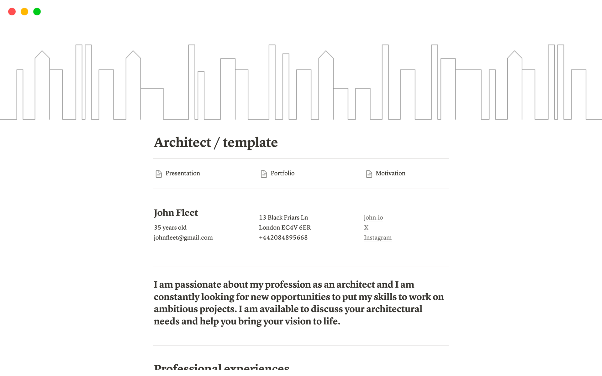 Architect Notion Template Resume CV with a special architect cover, a menu with 3 pages description like presentation, portfolio and motivation.