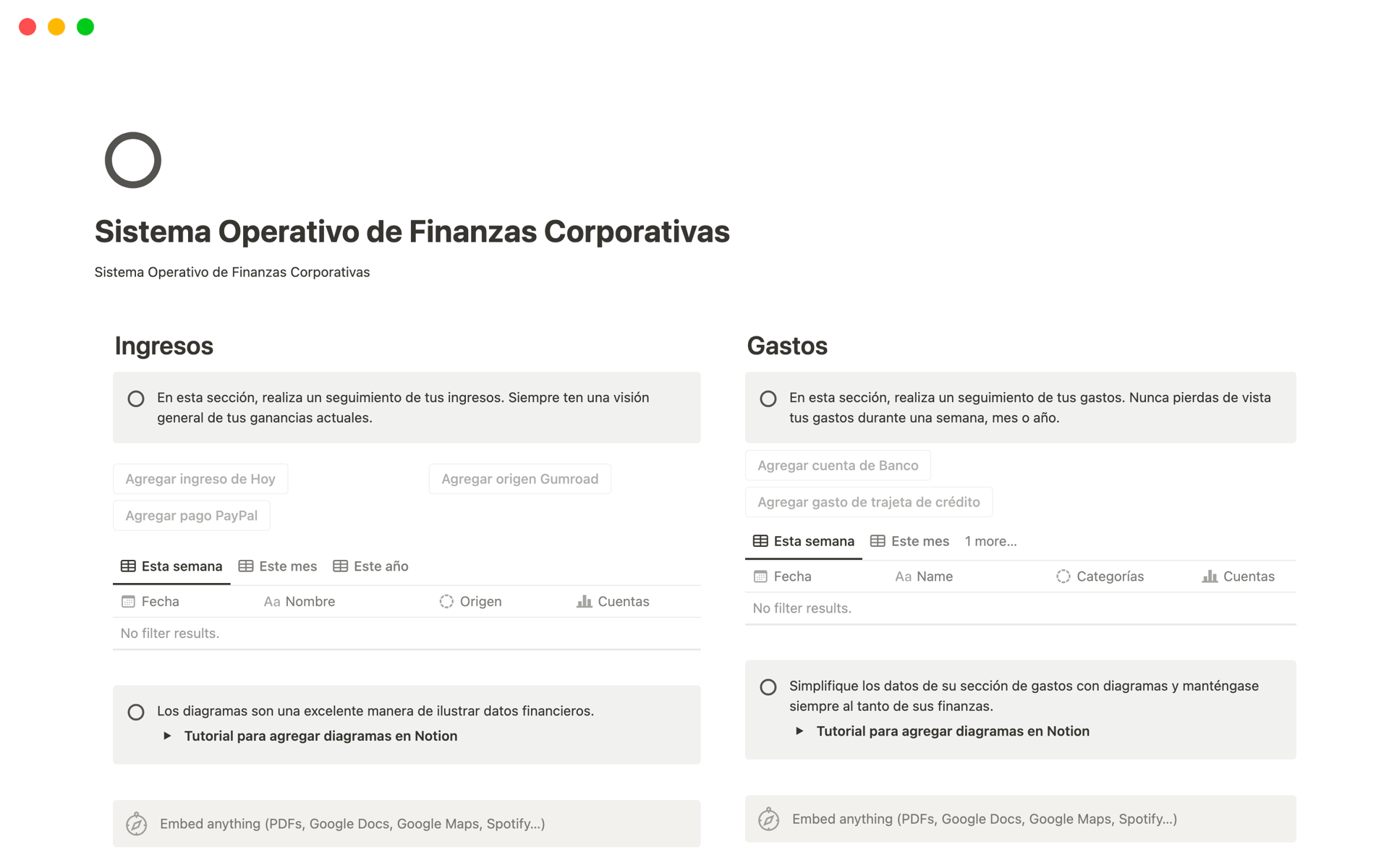 En forhåndsvisning av mal for Sistema Operativo de Finanzas Corporativas
