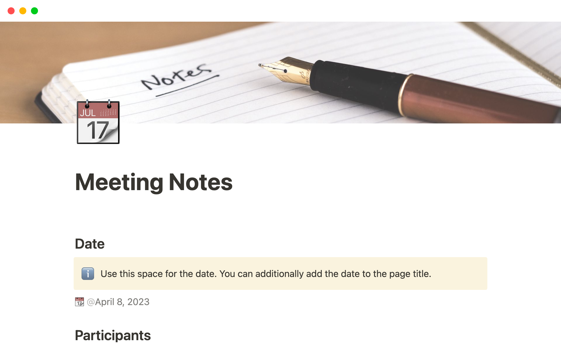 Uma prévia do modelo para Meeting Notes