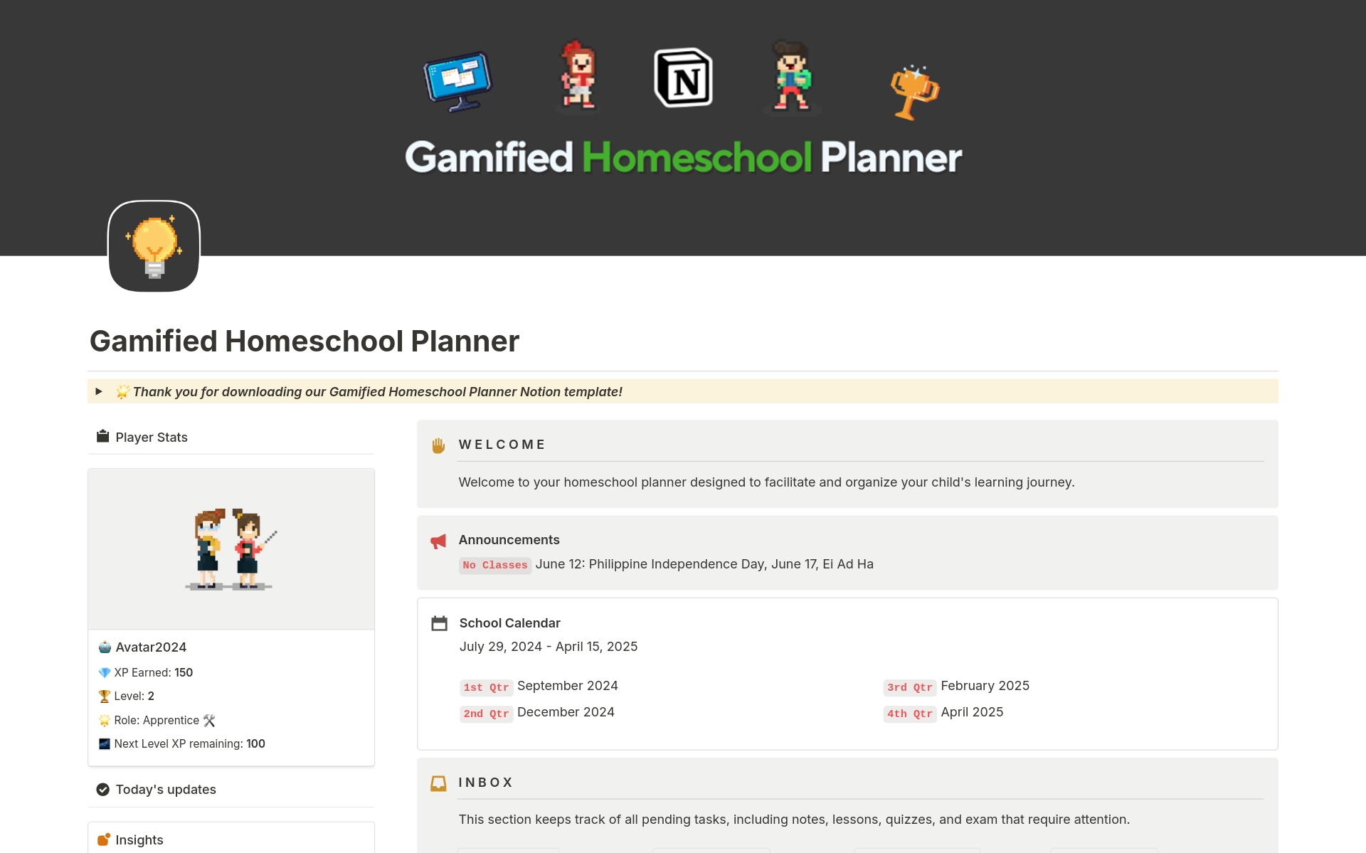Transform your homeschooling journey with the Gamified Homeschool Planner Notion Template. Organize lessons, track student progress, and manage educational resources with a fun, interactive approach that keeps you or your students motivated and engaged.