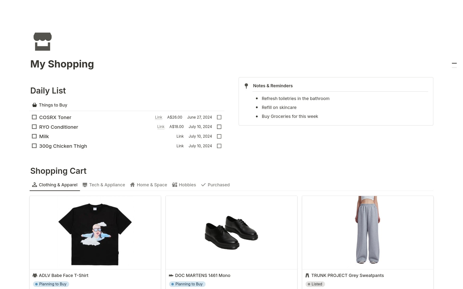 A template preview for Shopping Page