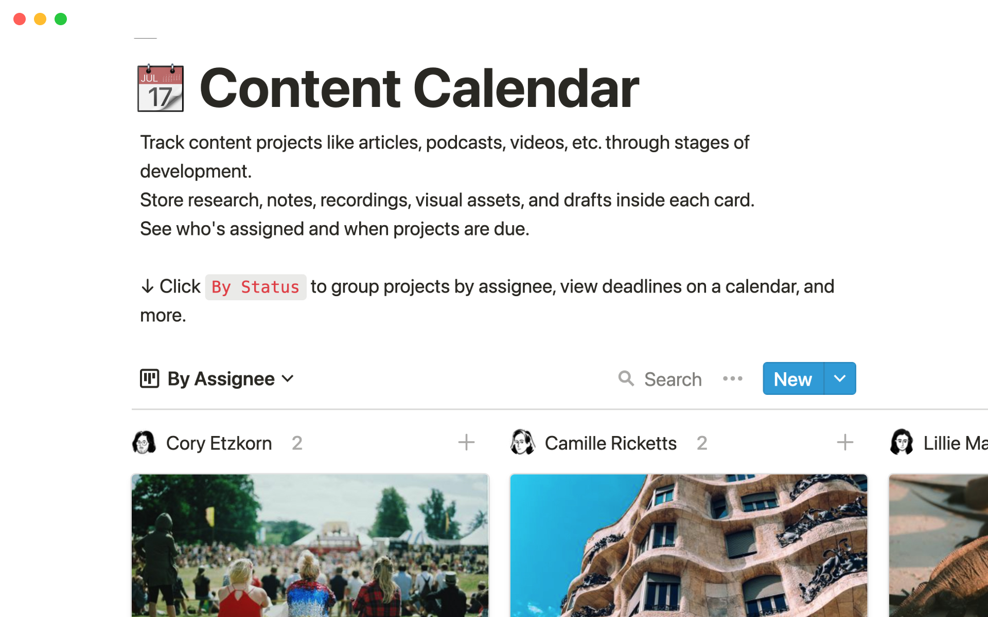 En forhåndsvisning av mal for Basic Content Calendar