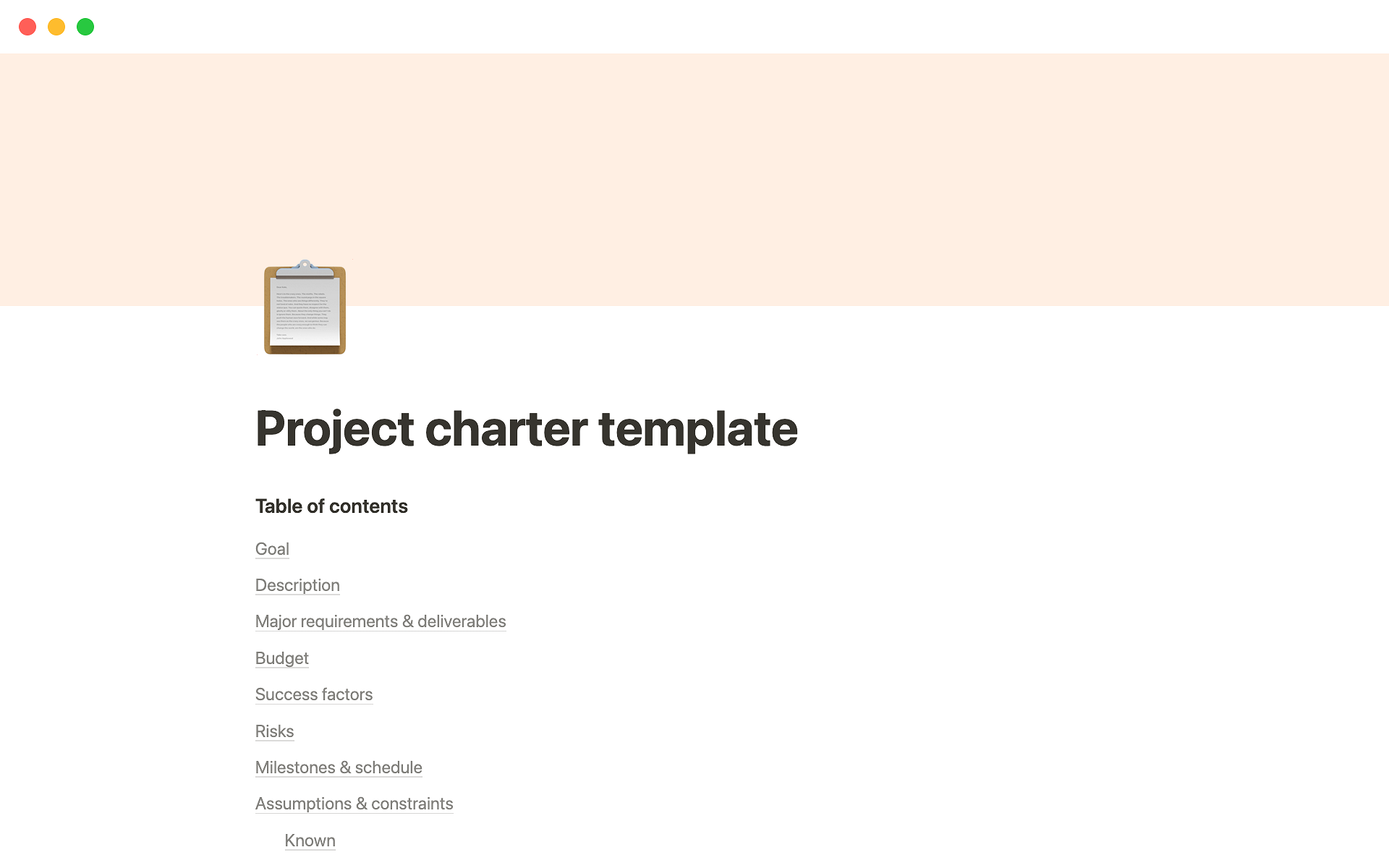 En förhandsgranskning av mallen för Project charter template