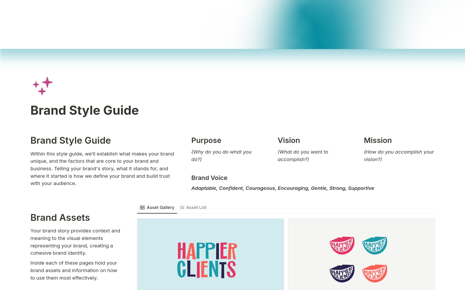 Streamline your client offboarding process and effortlessly inform your clients how to best use their new branding with this Brand Style Guide template.