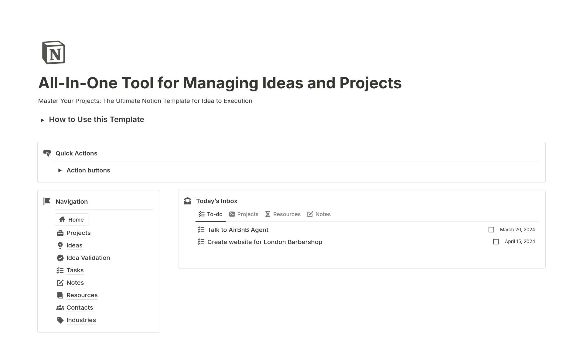 En förhandsgranskning av mallen för All-In-One Tool for Managing Ideas and Projects