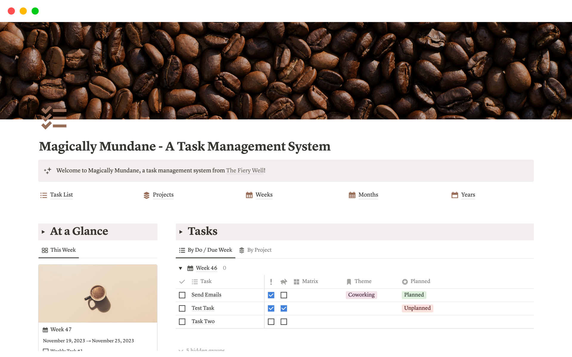 En förhandsgranskning av mallen för Magically Mundane - A Task Management System