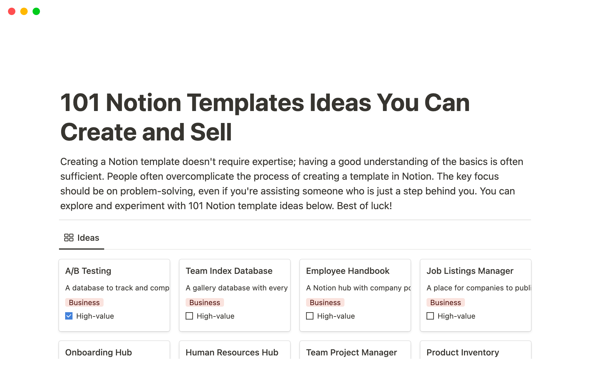 En förhandsgranskning av mallen för 101 Notion Template Ideas You Can Create And Sell