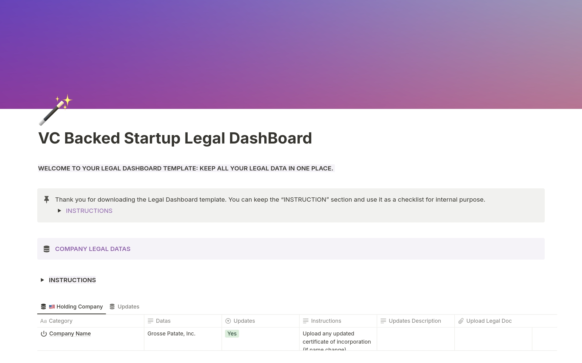 En forhåndsvisning av mal for VC Backed Startup Legal Dashboard 🌎 