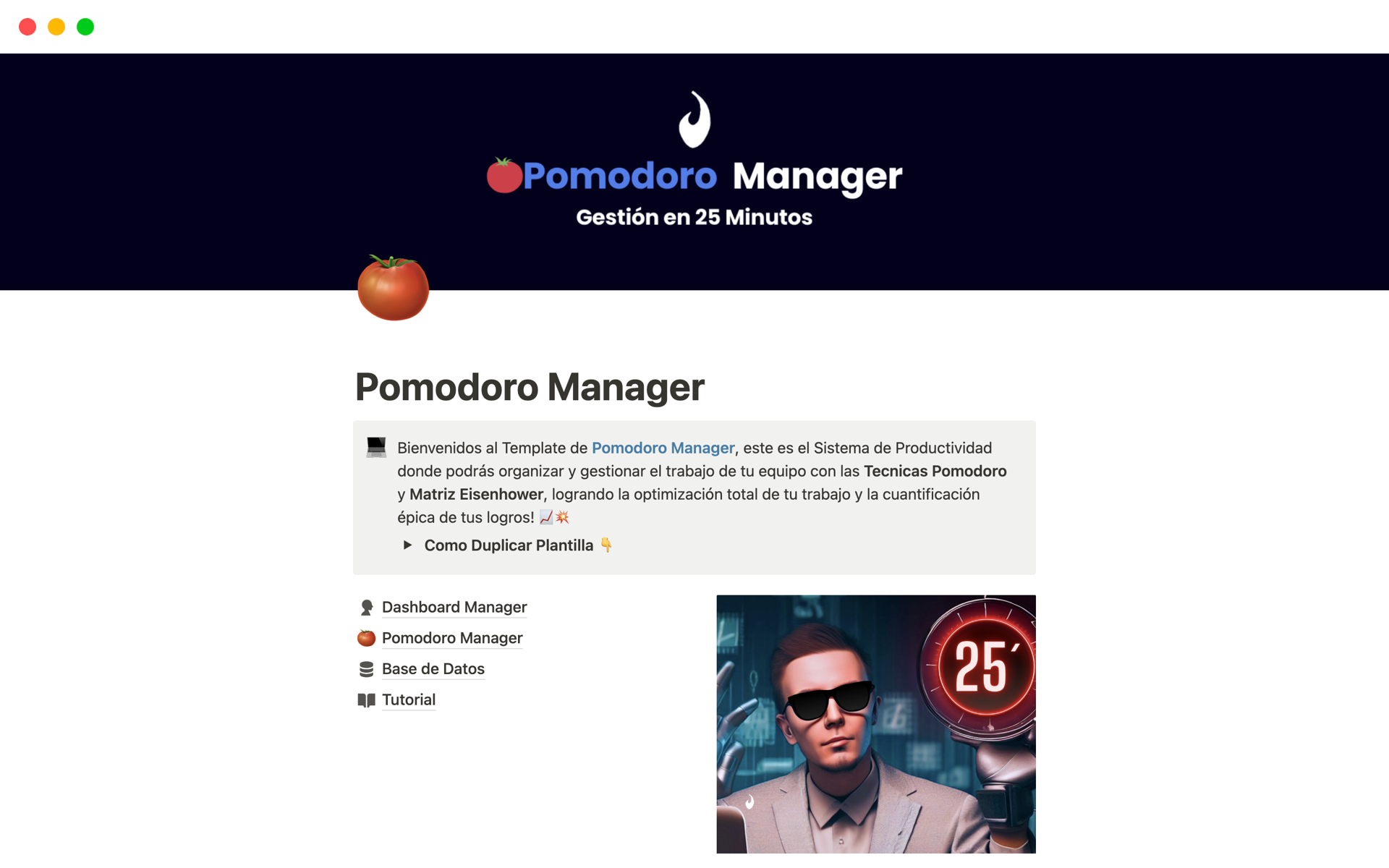 En förhandsgranskning av mallen för Pomodoro Manager
