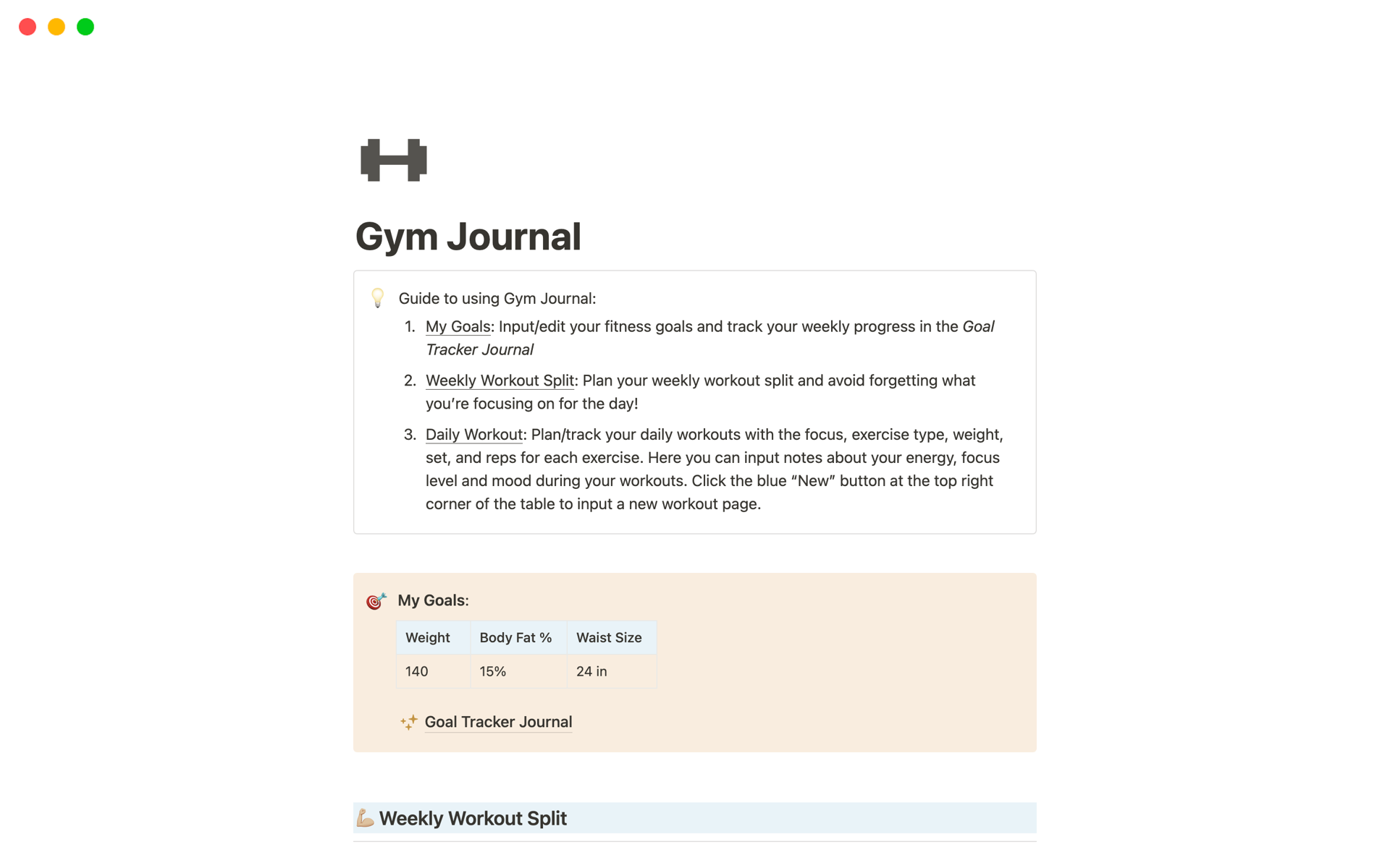 A simple and straightforward daily gym journal to track your fitness goals, daily workout routine, and weekly workout splits.