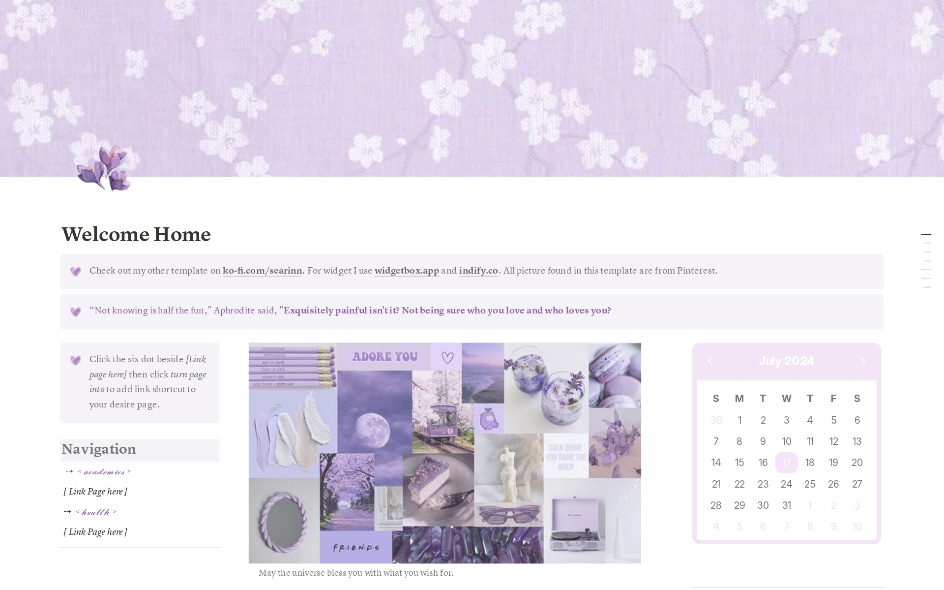 🌸 Free Lilac-Themed Dashboard with Habit Tracker and Journal 🌸
Transform your Notion with this lilac-themed dashboard! Use it as your "Main Homepage" for daily journaling and habit tracking. Link all essential pages for easy access and enhanced organization.