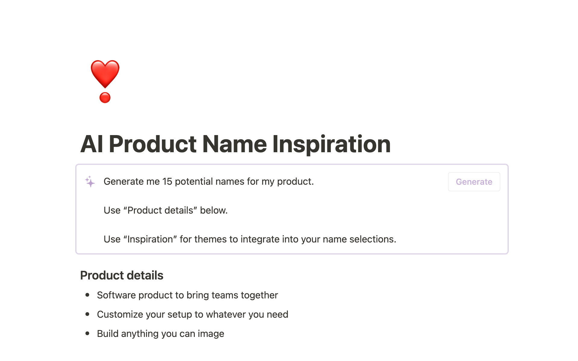 En forhåndsvisning av mal for AI Product Name Inspiration