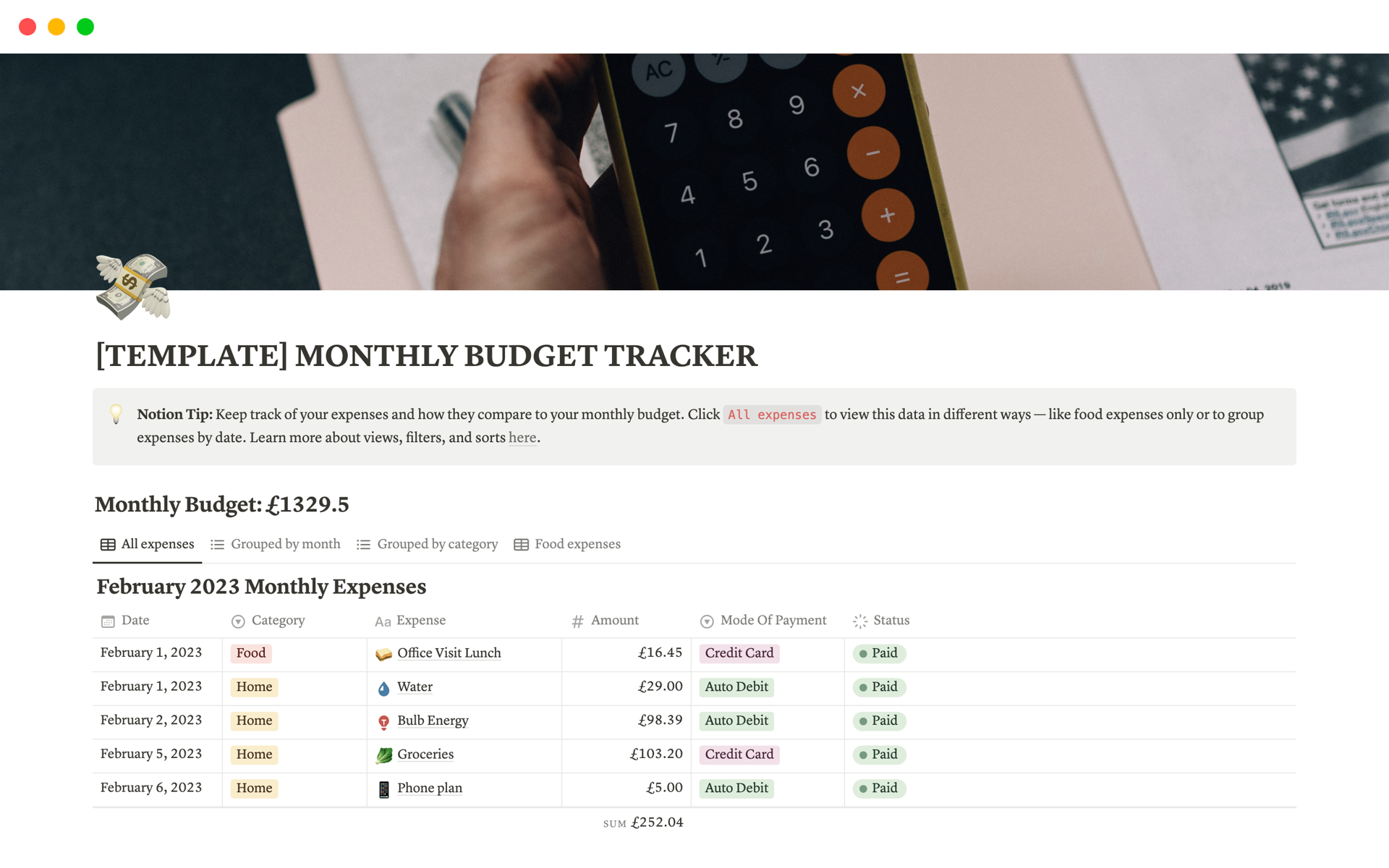 NOTION MONTHLY BUDGET TRACKER TEMPLATE