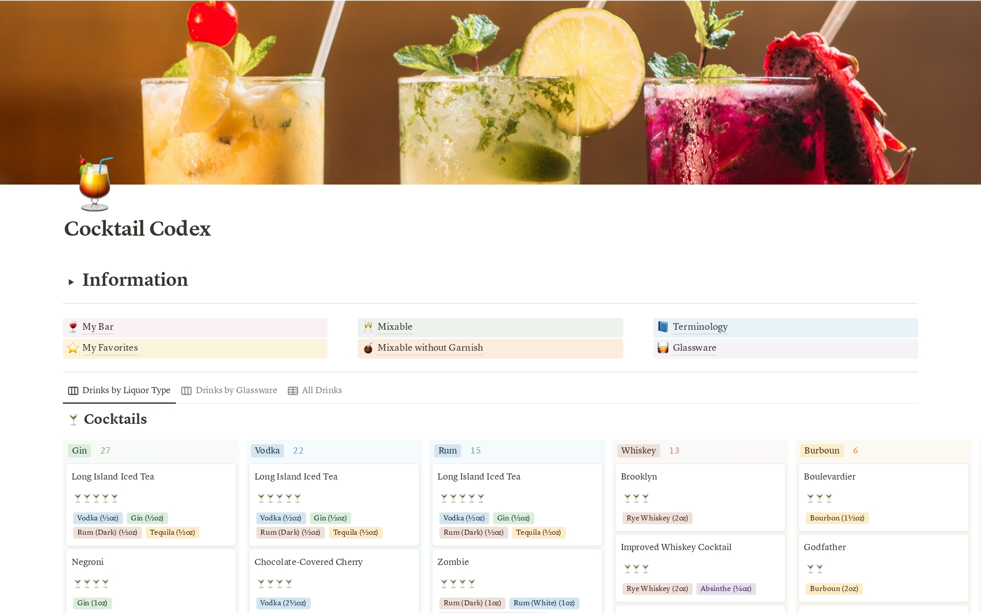 Master your cocktails with this organized Notion template. 102 recipes included as well as detailed resources for the home bartender. Save and rank your favorites. Add ingredients to My Bar to see what drinks you can make or create your own. The possibilities are limitless.