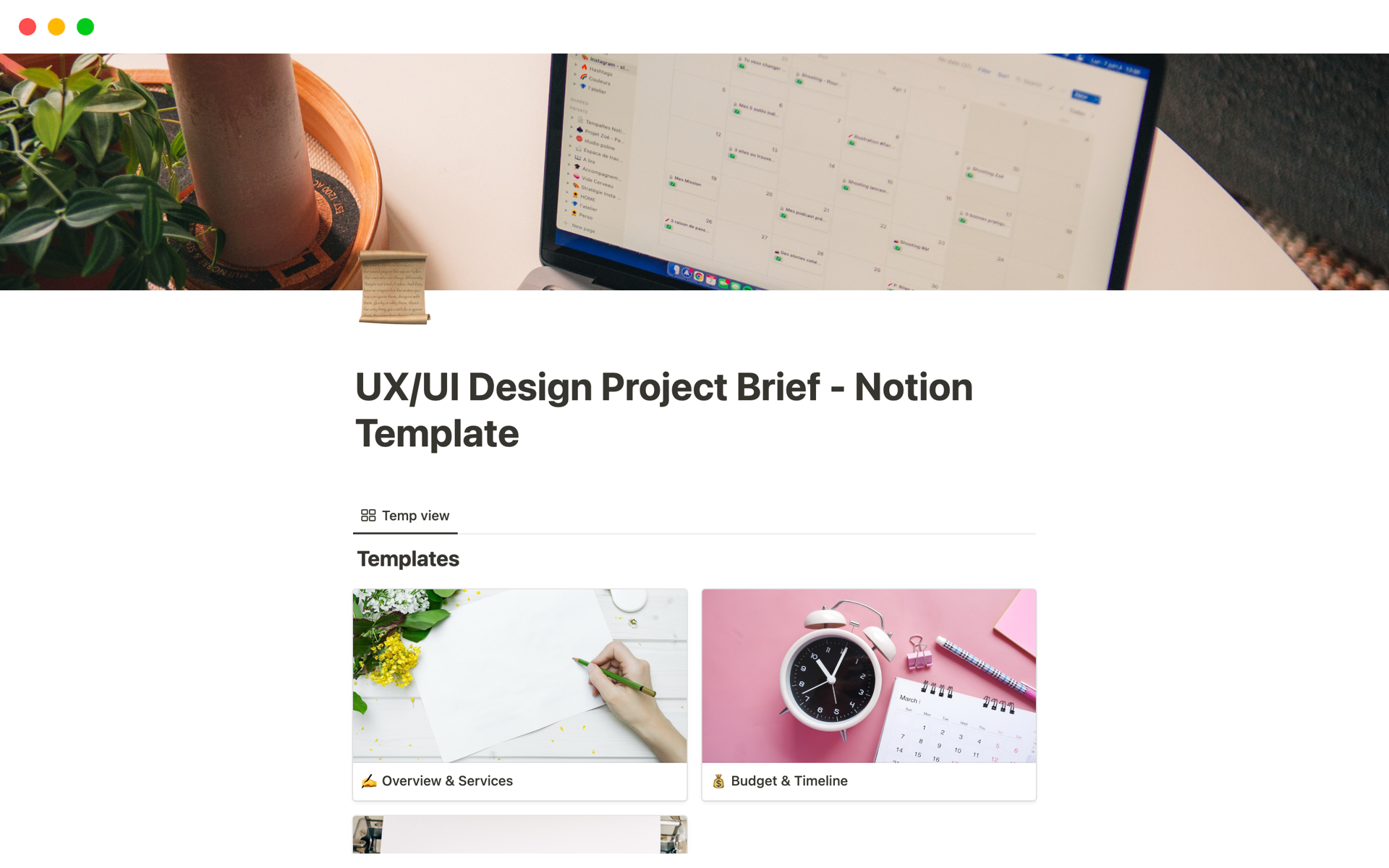 En forhåndsvisning av mal for UX/UI Design Project Brief