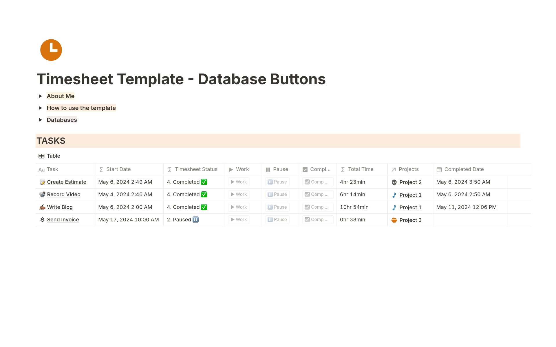 Vista previa de una plantilla para Time-Tracker using Database Buttons