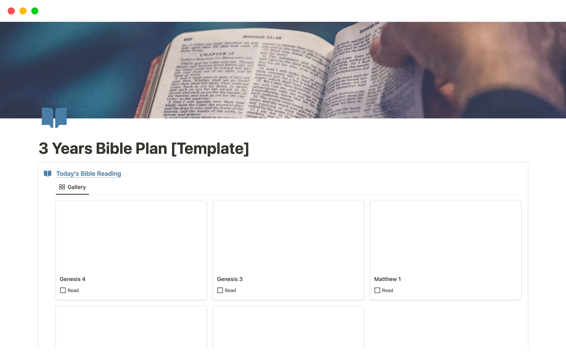 En förhandsgranskning av mallen för 3 Years Bible Reading Plan