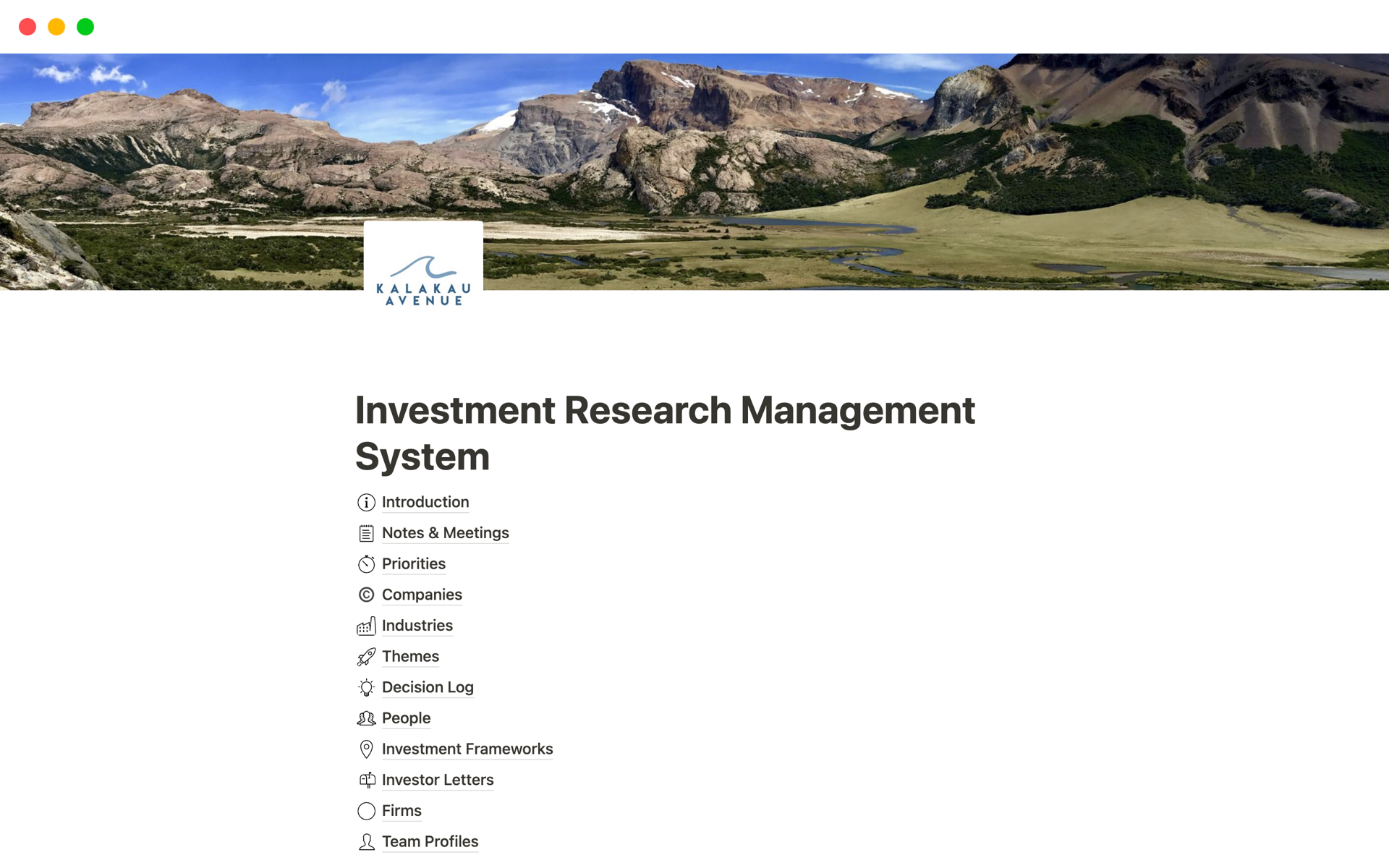 En forhåndsvisning av mal for Investment Research Management System