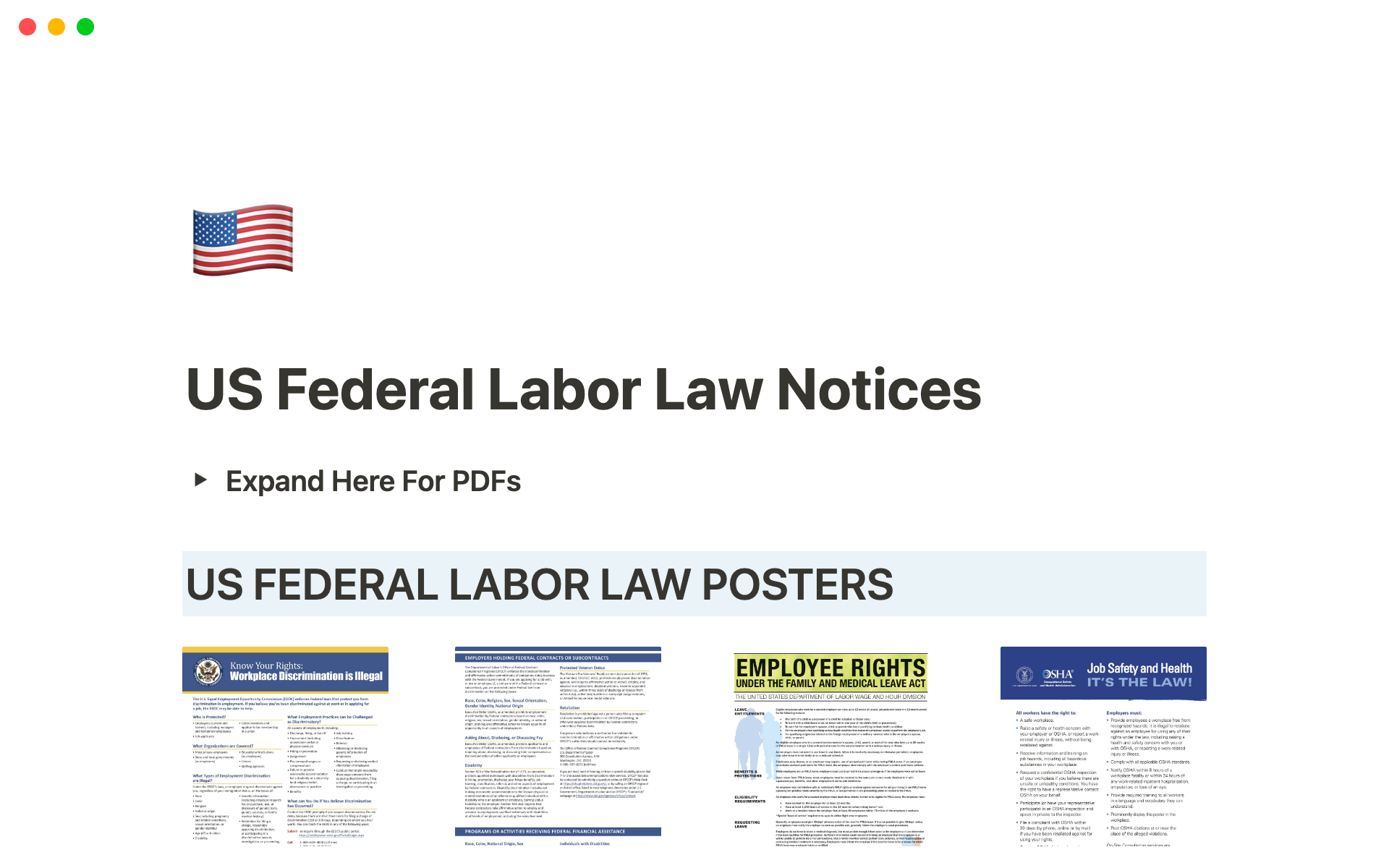 En forhåndsvisning av mal for US Labor Law Posters