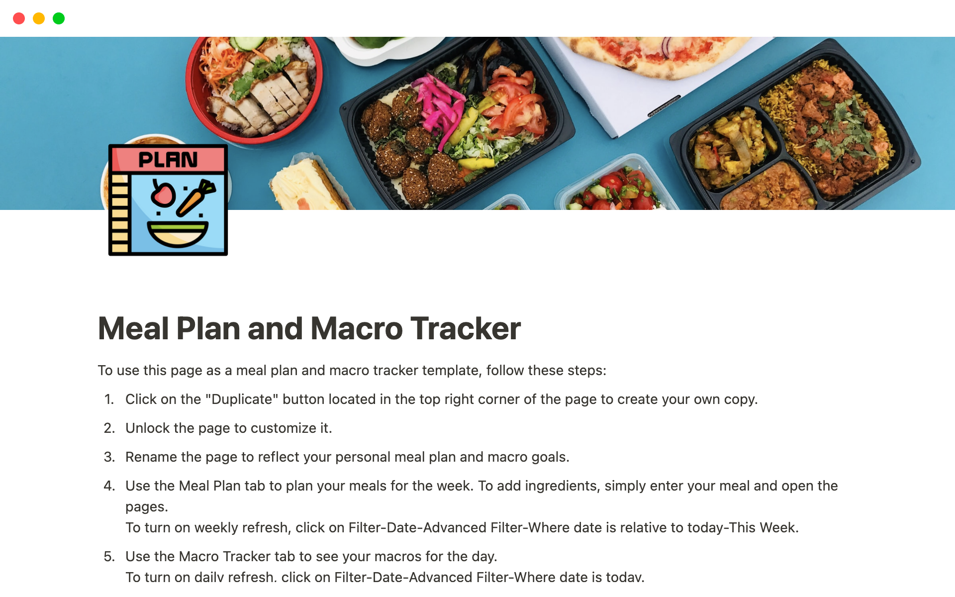 En forhåndsvisning av mal for Meal Plan and Macro Tracker