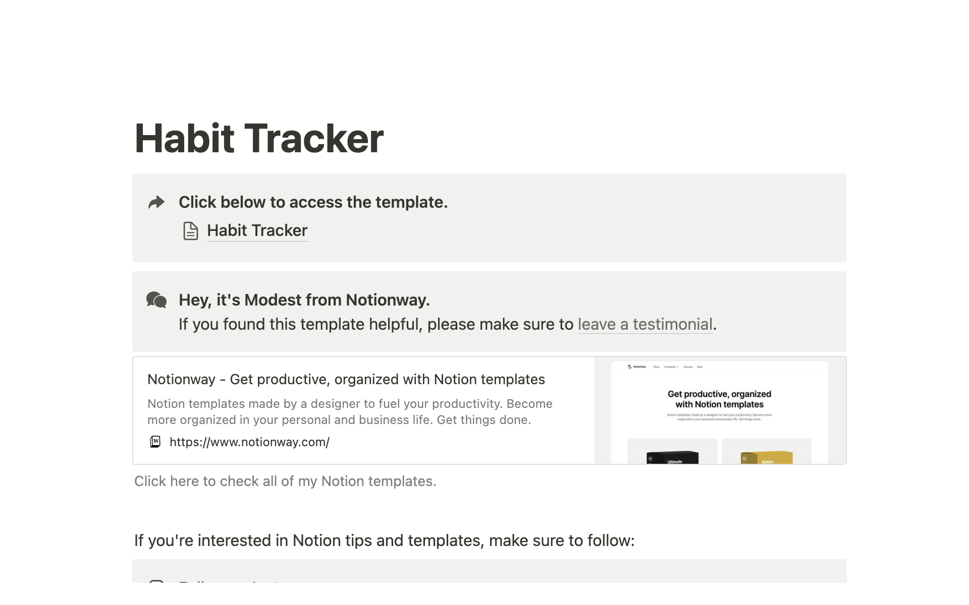 En forhåndsvisning av mal for Notion Habit Tracker