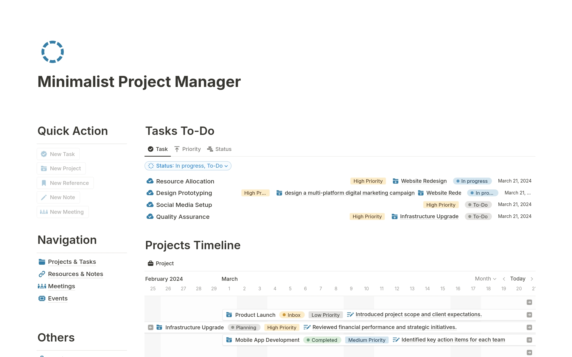 En forhåndsvisning av mal for Minimalist Project Manager