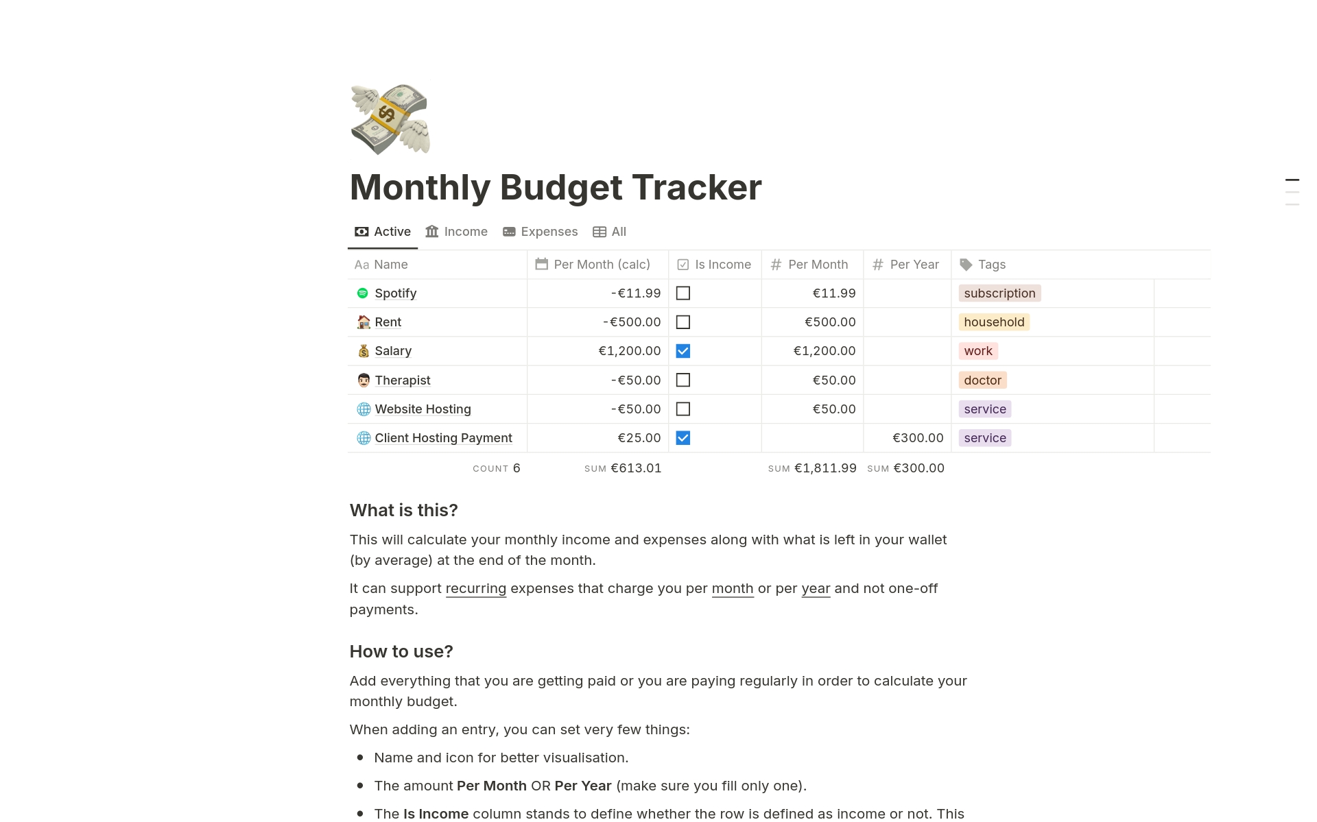 Calculate your monthly income and expenses along with what is left in your wallet (by average) at the end of the month. 
Supports recurring expenses that charge you per month or per year and not one-off payments.