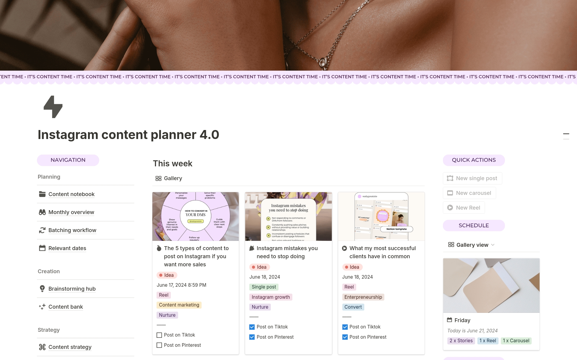 A template preview for Instagram content planner