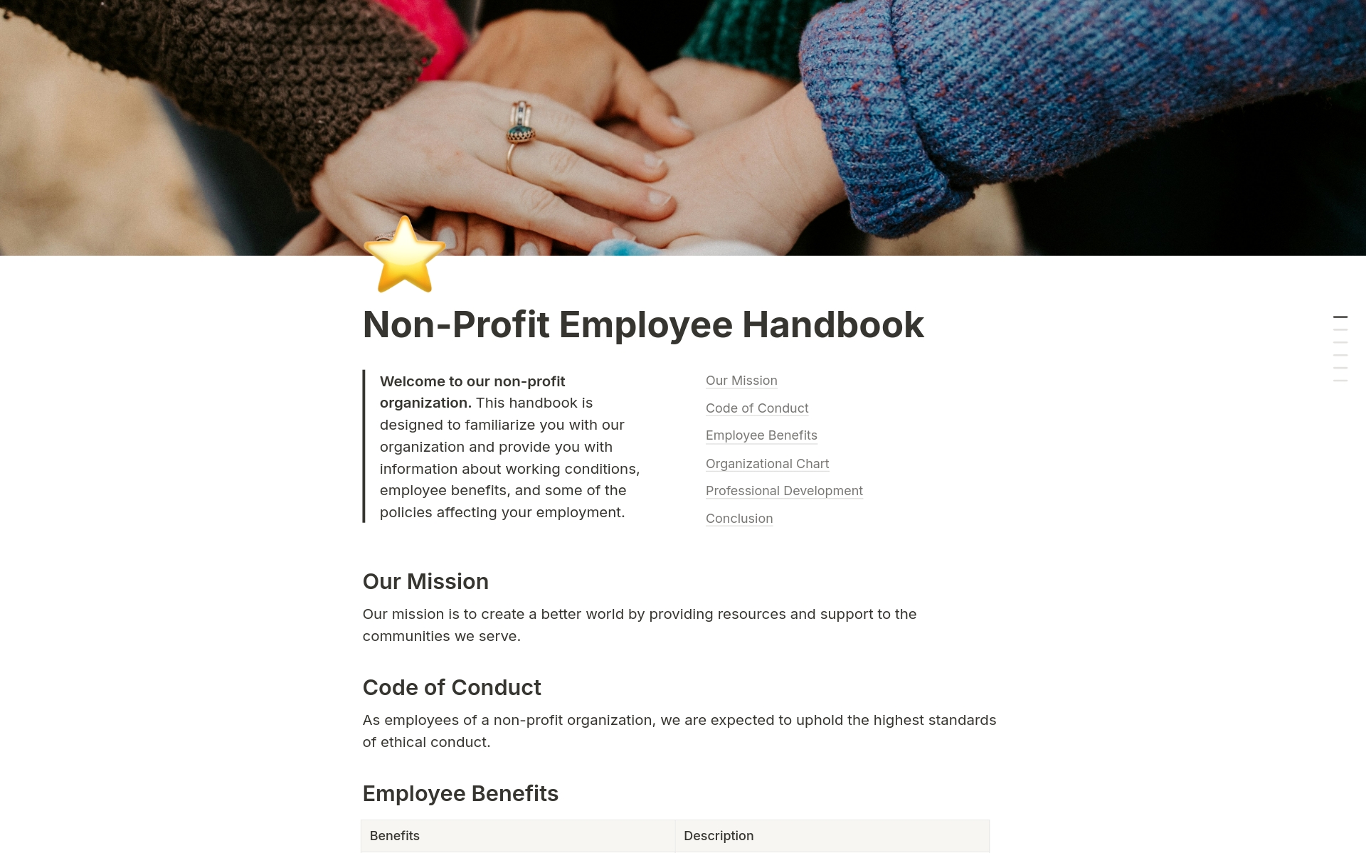 En forhåndsvisning av mal for Non-Profit Employee Handbook