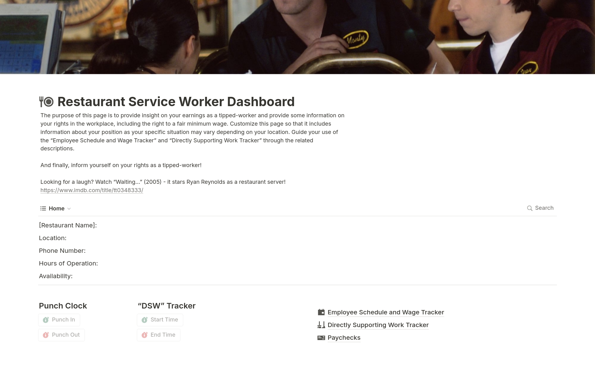 En förhandsgranskning av mallen för Restaurant Service Worker Dashboard