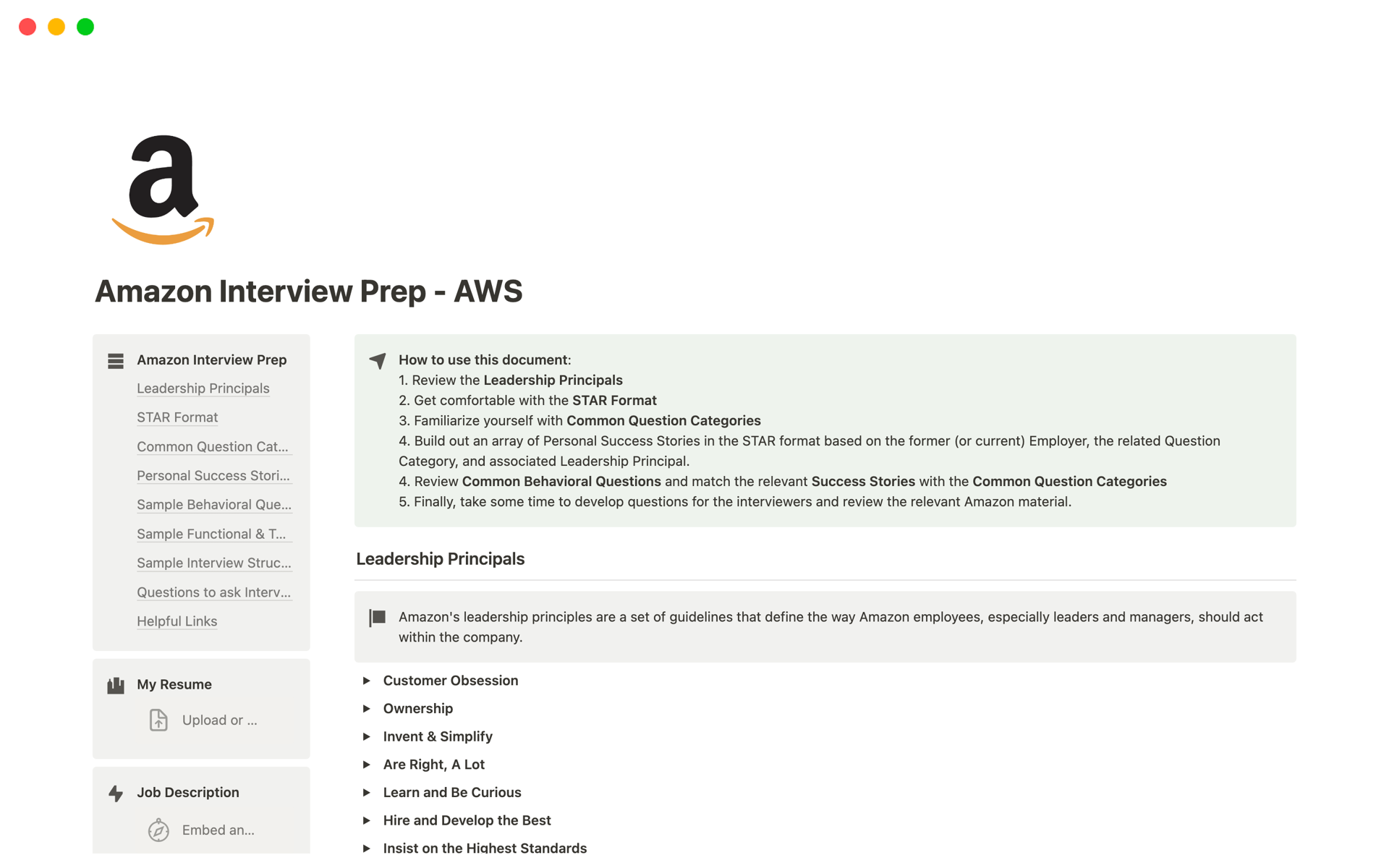 En förhandsgranskning av mallen för Amazon Interview Prep - AWS