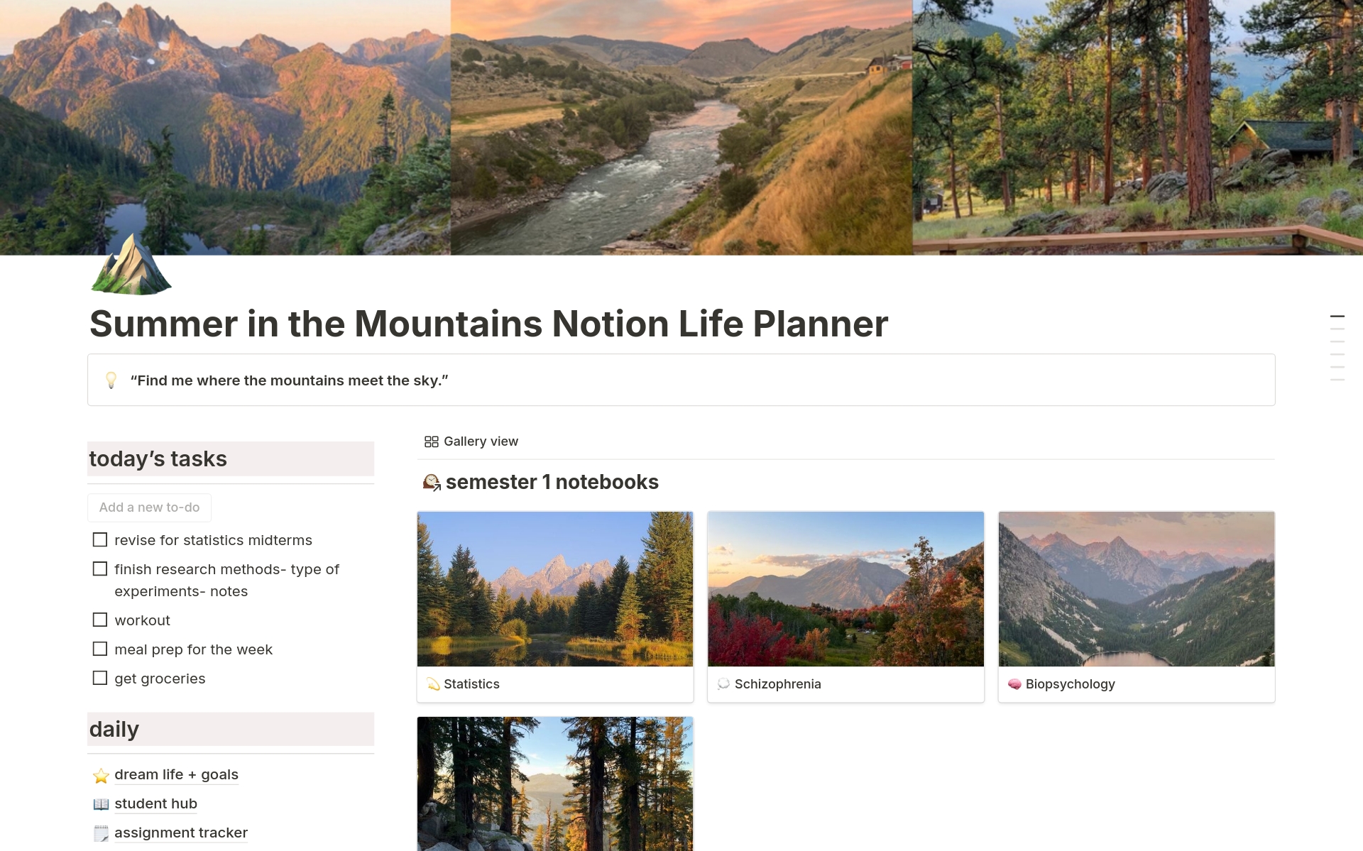 En förhandsgranskning av mallen för Summer in the Mountains Life Planner