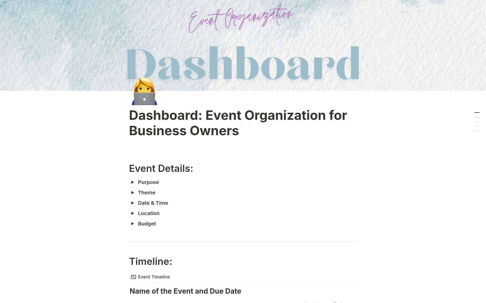 En förhandsgranskning av mallen för Dashboard Event Organization for Business Owners