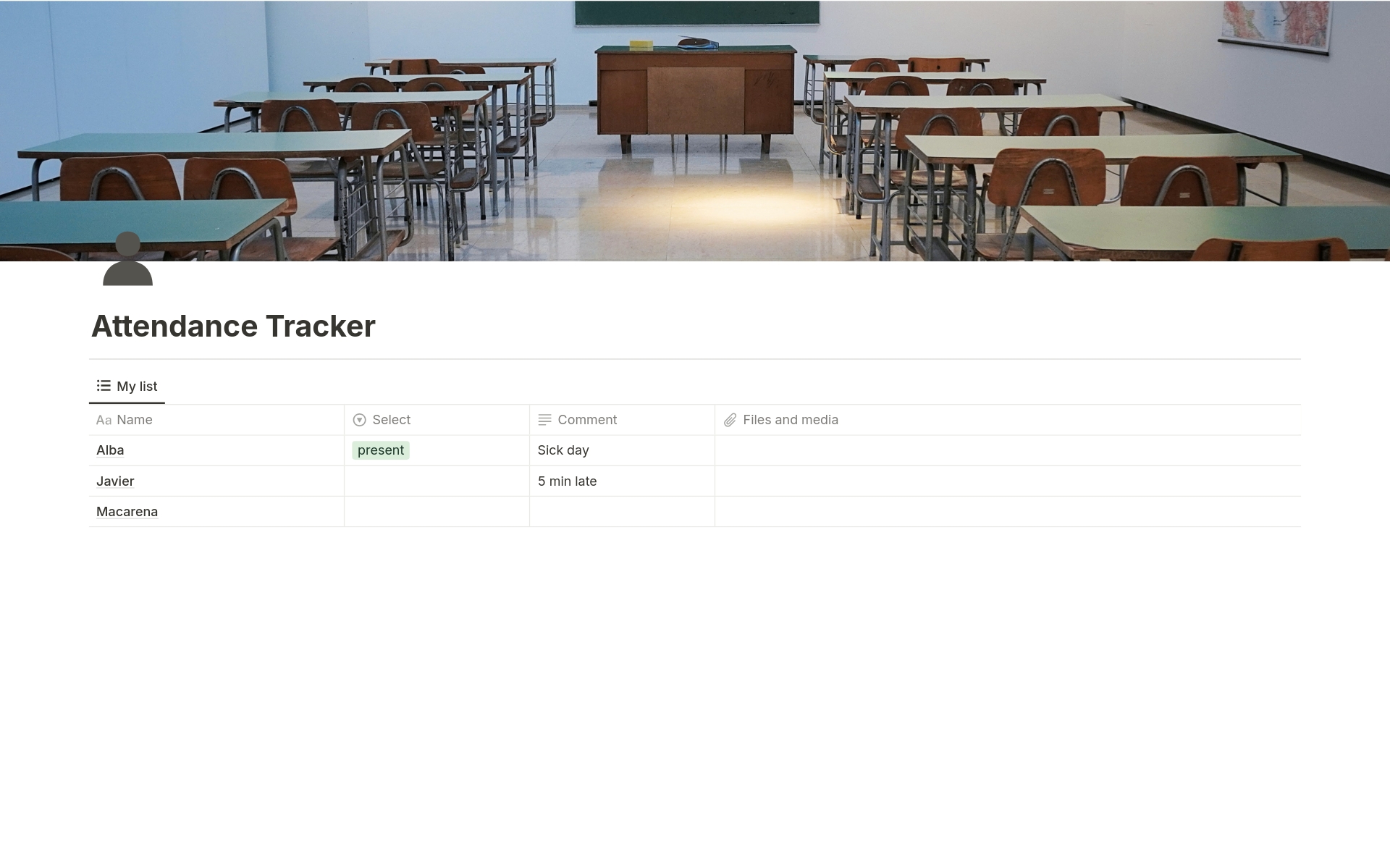 En forhåndsvisning av mal for Attendance Tracker for Teachers