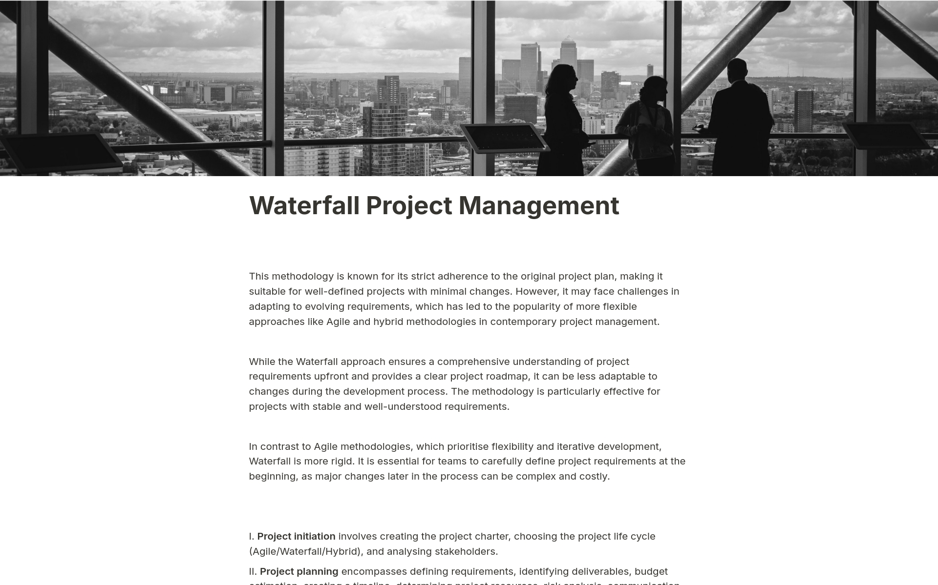 En forhåndsvisning av mal for Waterfall Project Management
