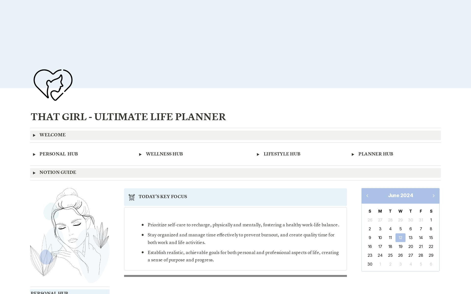 Introducing our That Girl Ultimate Life Planner in Blue, a minimalist aesthetic Notion template that sets a new standard for organization with elegance.