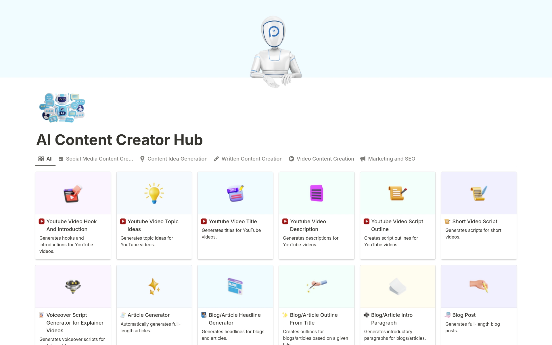 Vista previa de una plantilla para AI Creator Hub