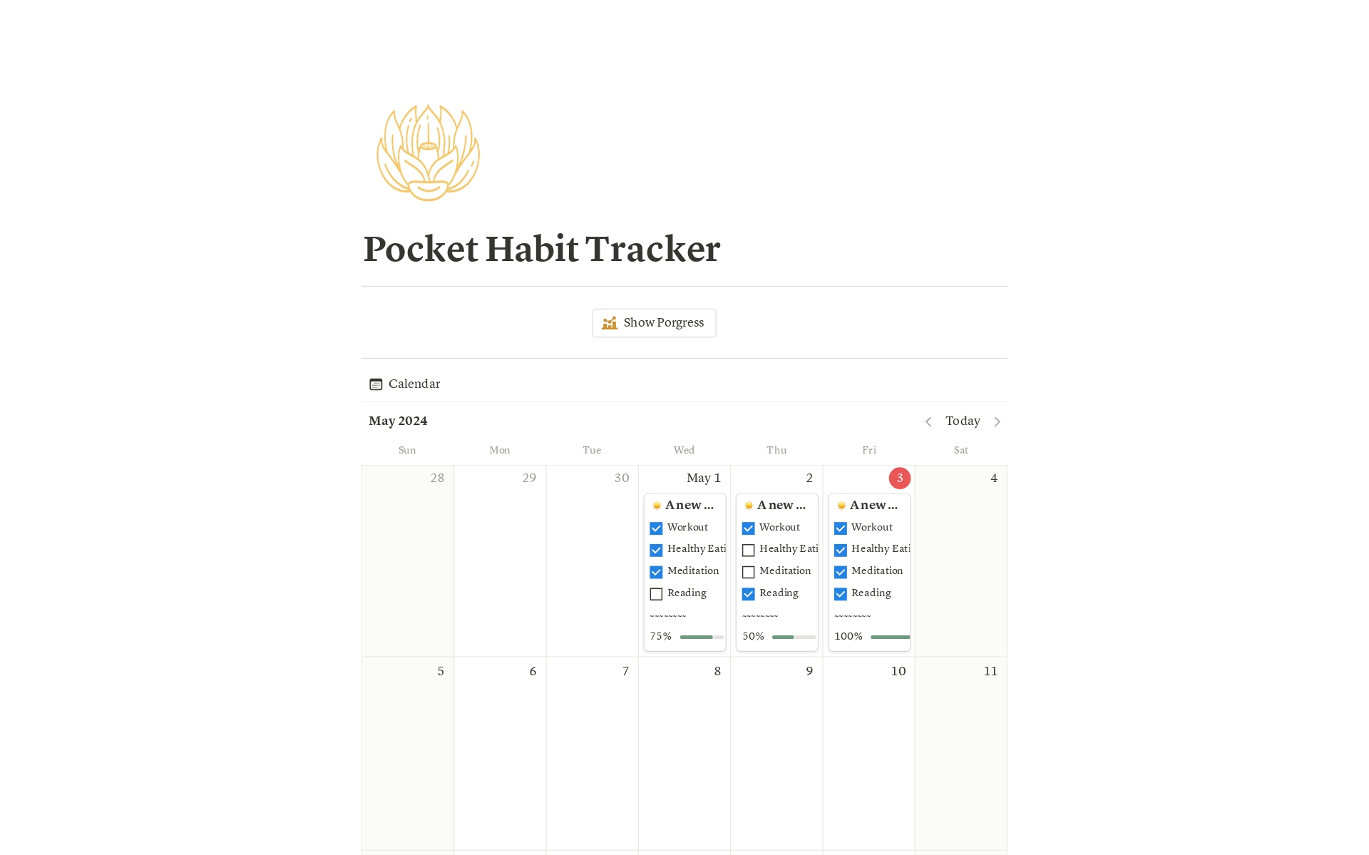 Uma prévia do modelo para Pocket Habit Tracker