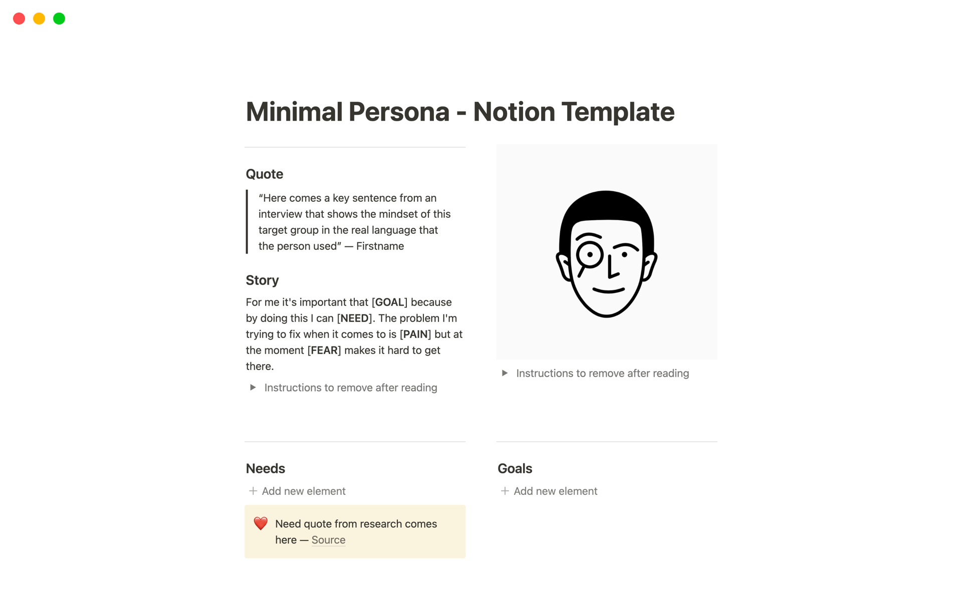 En förhandsgranskning av mallen för Minimal Persona Notion Template