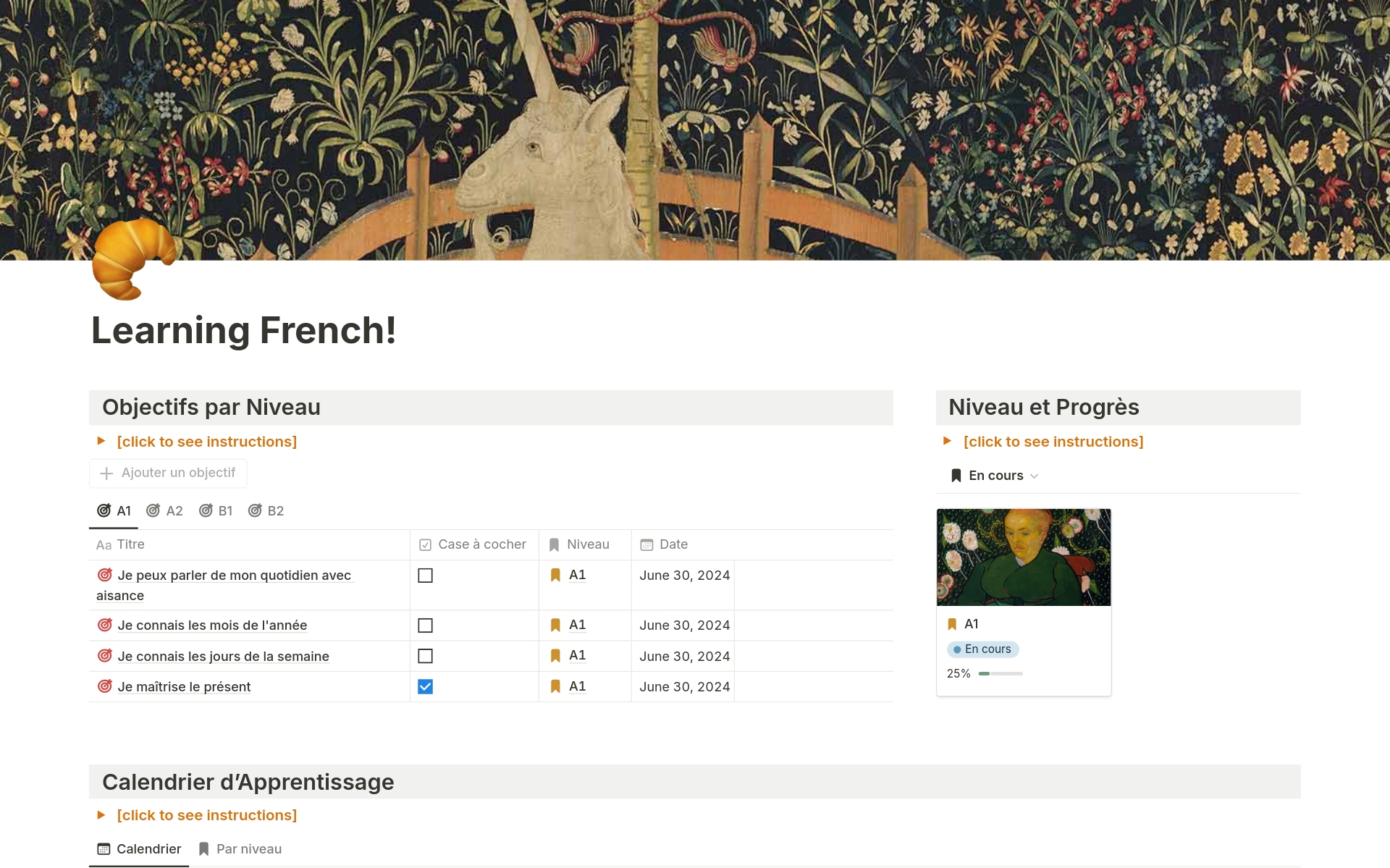 Master French effortlessly with this template. Track progress, set goals, and organise lessons efficiently. Perfect for all levels from A1 to B2.