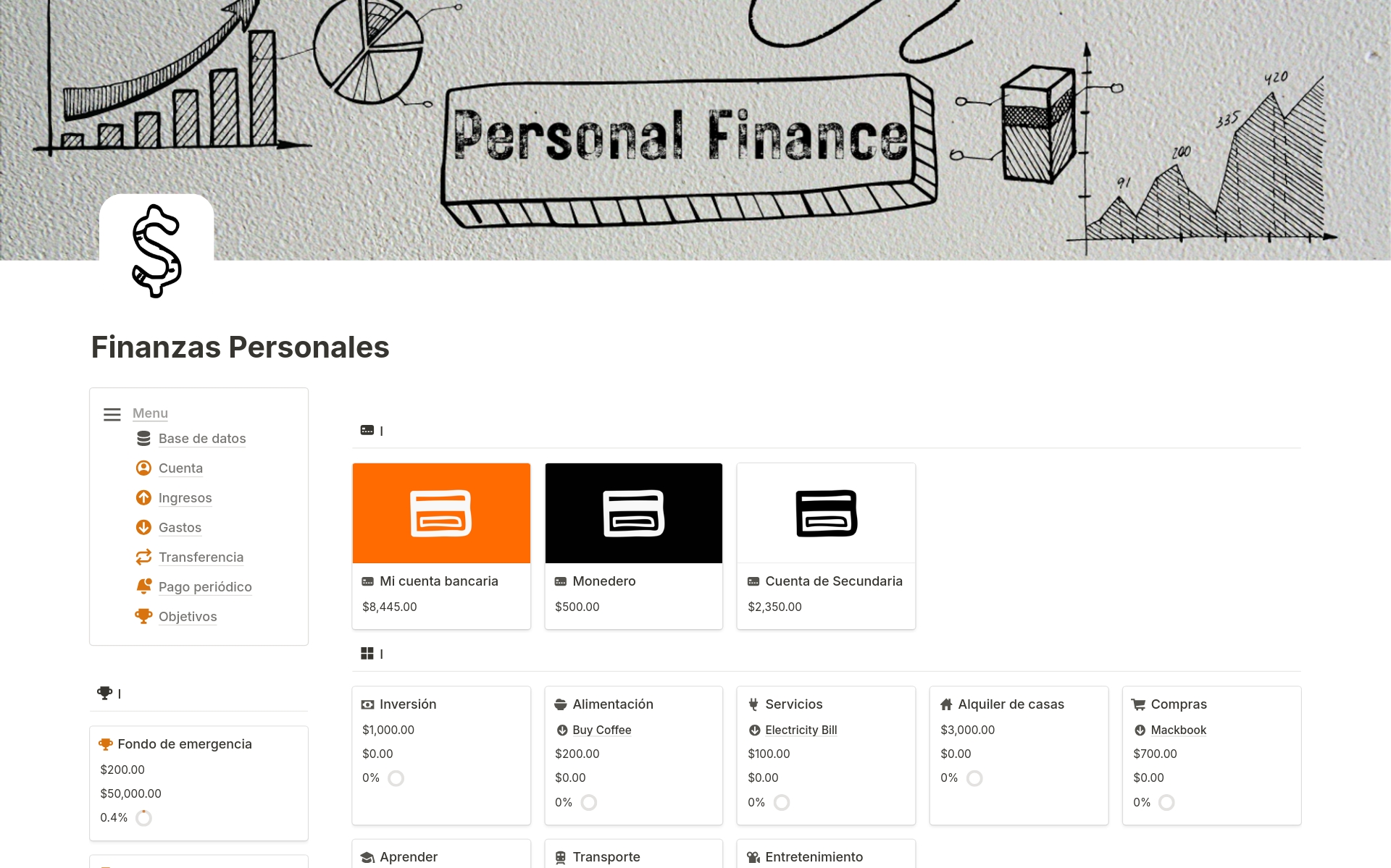 A template preview for Finanzas Personales