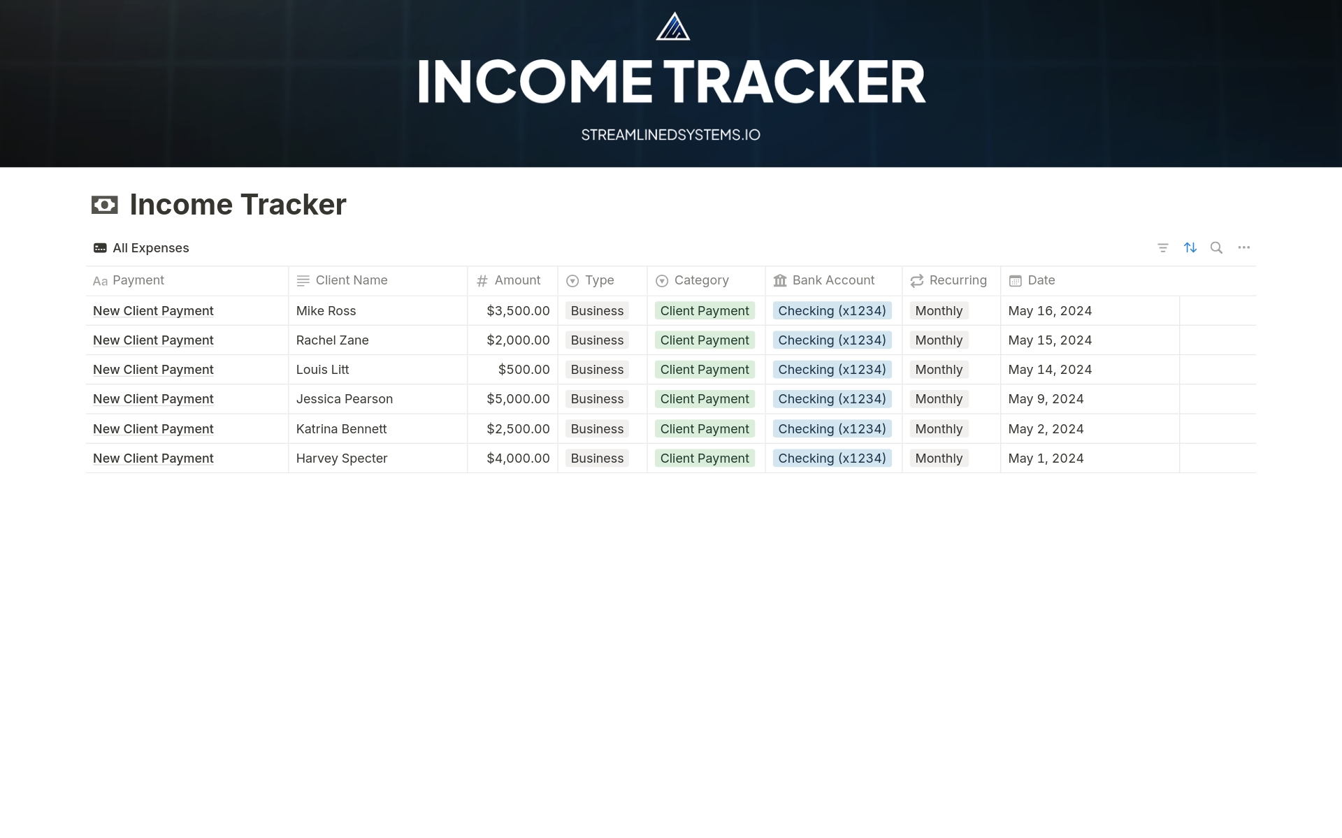 En forhåndsvisning av mal for Income Tracker