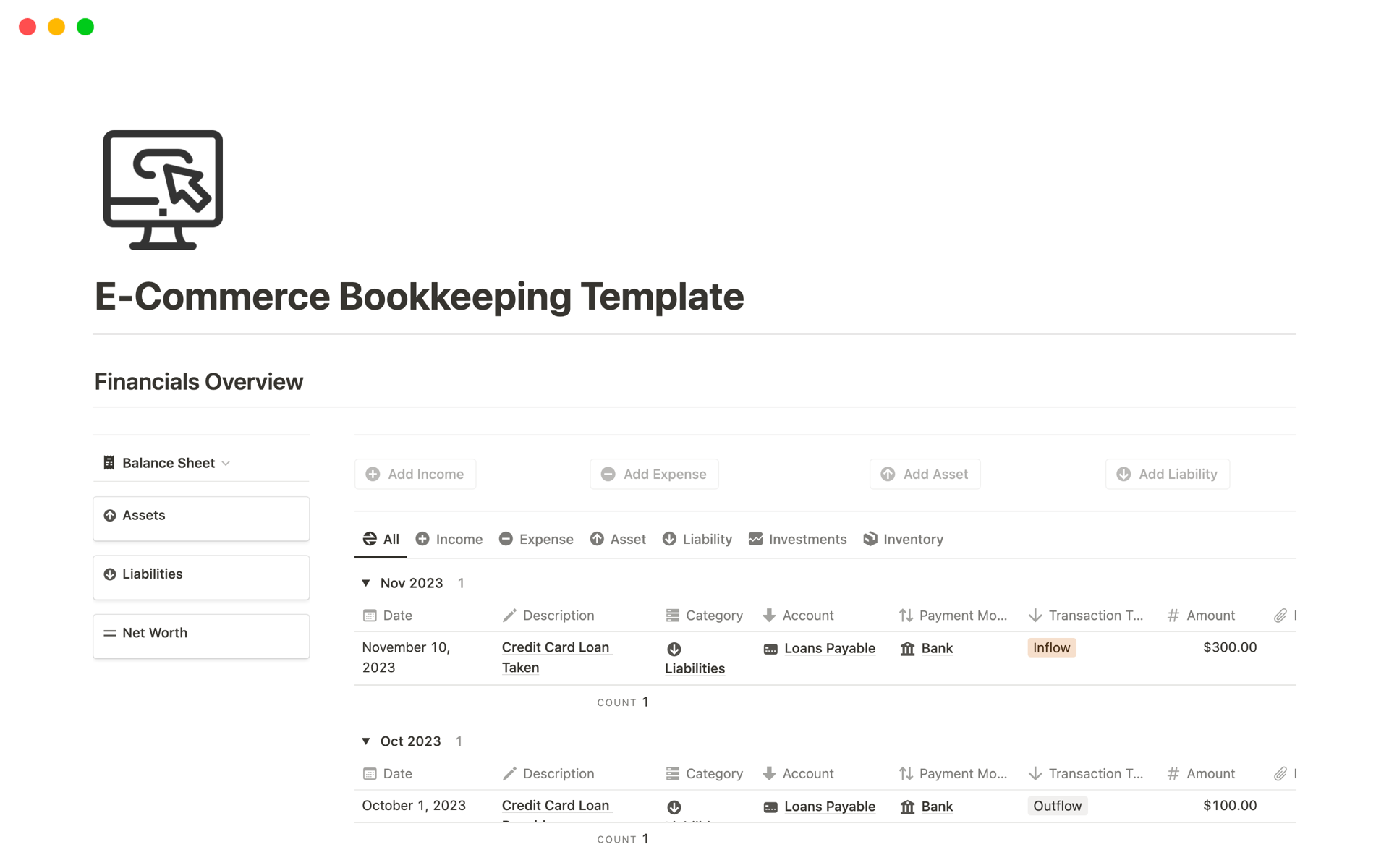 This bookkeeping template provides best solution for E-Commerce business to manage their business finances, produce income statement, balance sheet, cash flow statement and much more on a periodical basis.   
