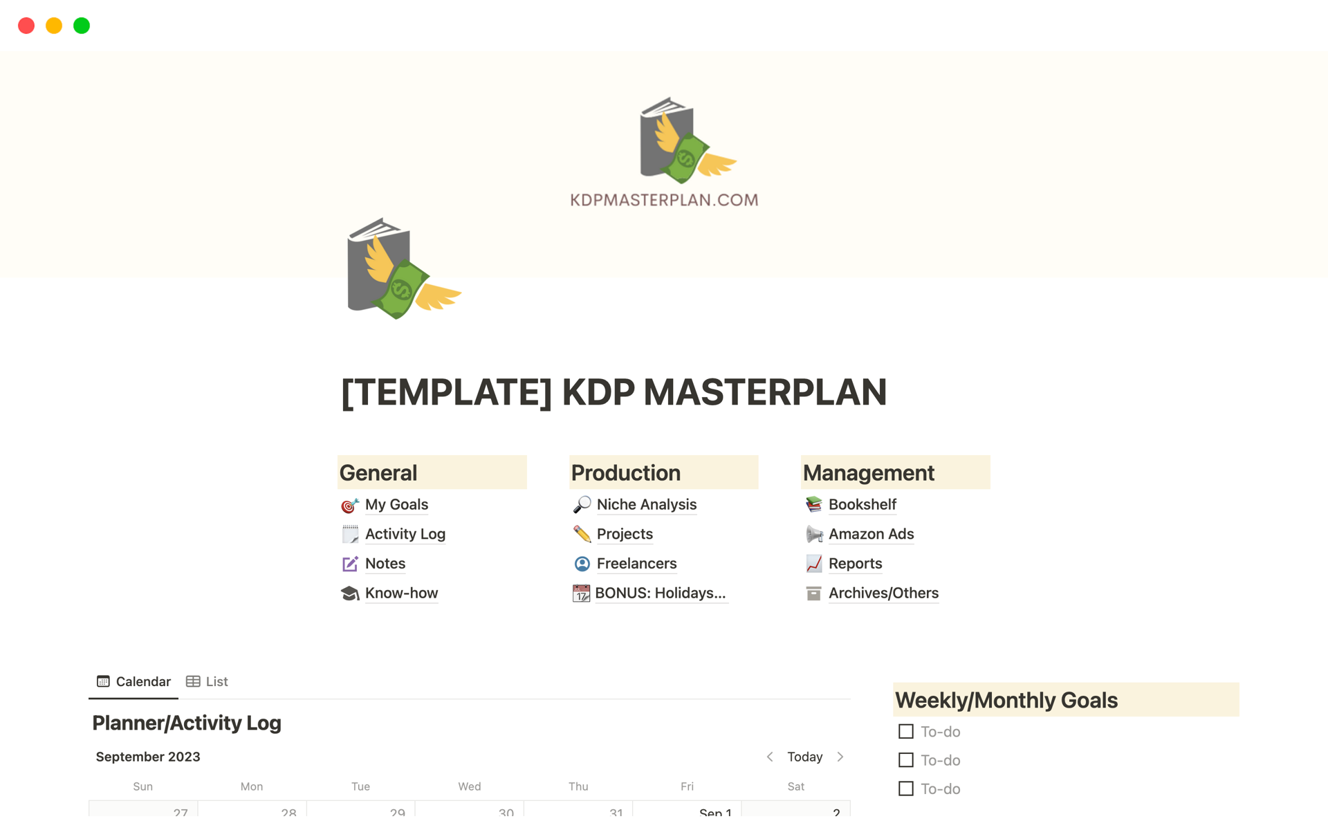 KDP Masterplan is a comprehensive workspace to manage your self-publishing business. KDP Masterplan will help you organize all stages of your KDP work such as niche searches, production, goal achievement, Amazon Ads management, and more. It’s an all-in-one space.