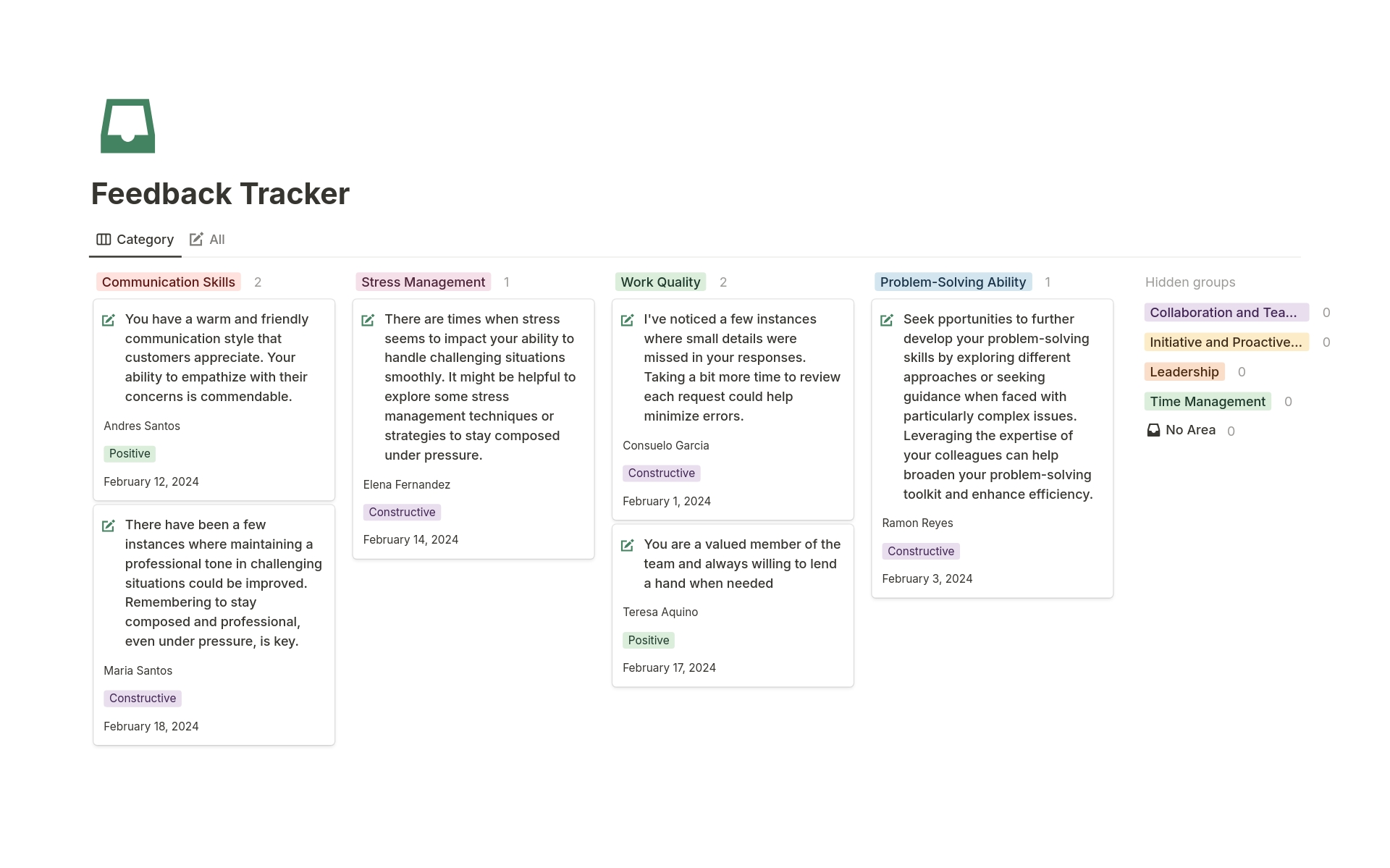 En förhandsgranskning av mallen för Feedback Tracker