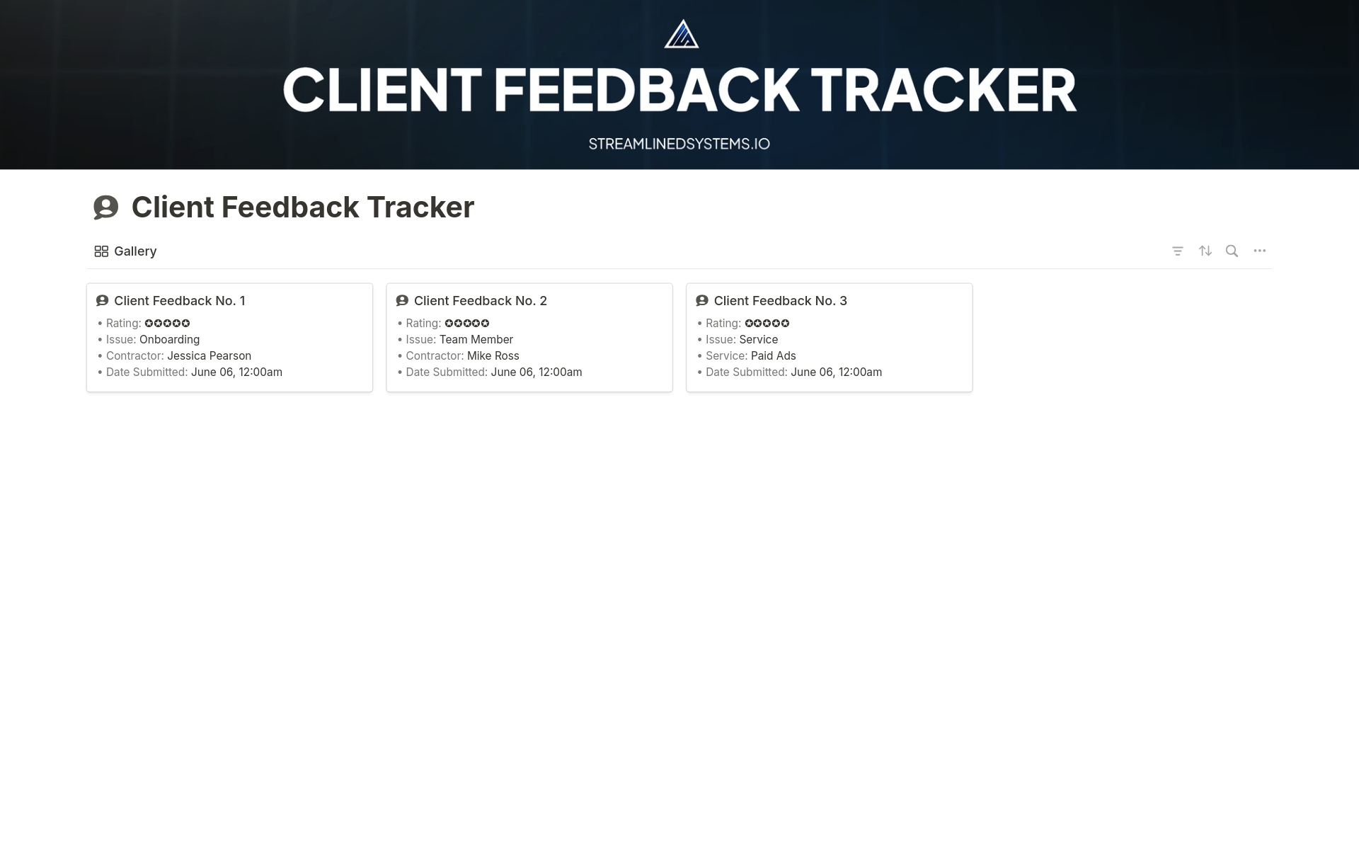 En forhåndsvisning av mal for Client Feedback Tracker